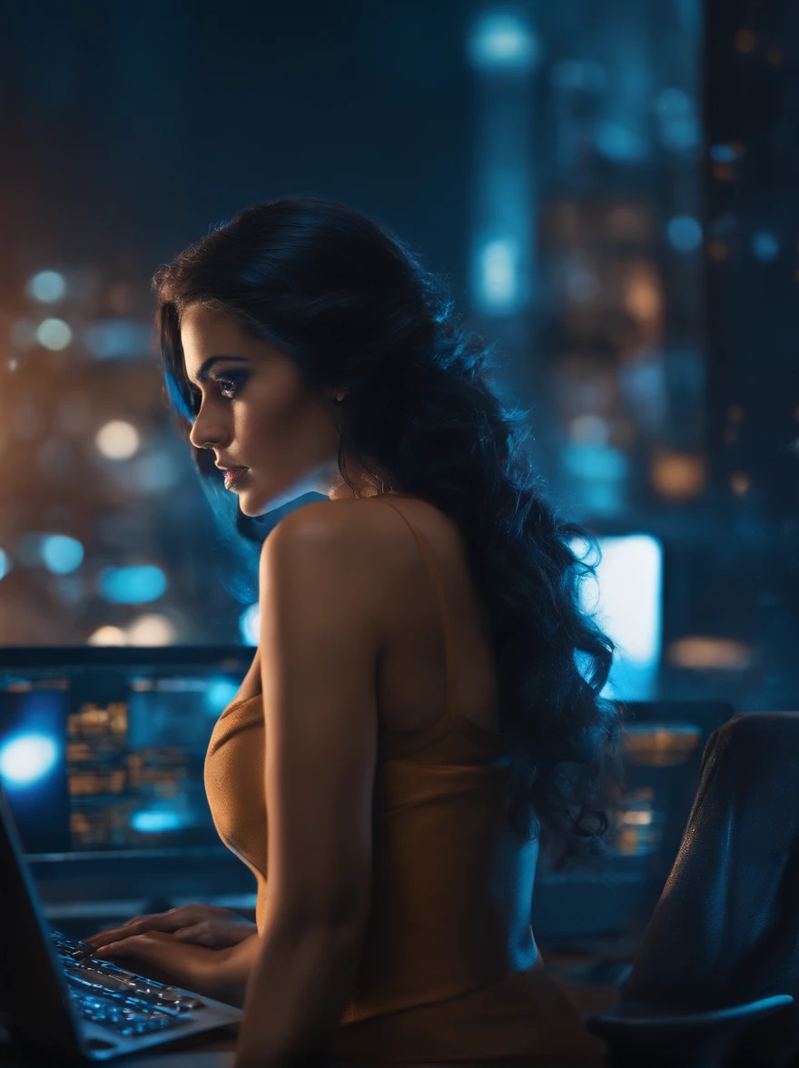 Mulher sentada em frente a um computador, escolhendo uma imagem entre seis que aparecem na tela do computador. Ambiente escuro, com tom predominante azul escuro e luzes de led laranja, Arte do papel de parede, Papel de parede UHD, estilo cyberpunk