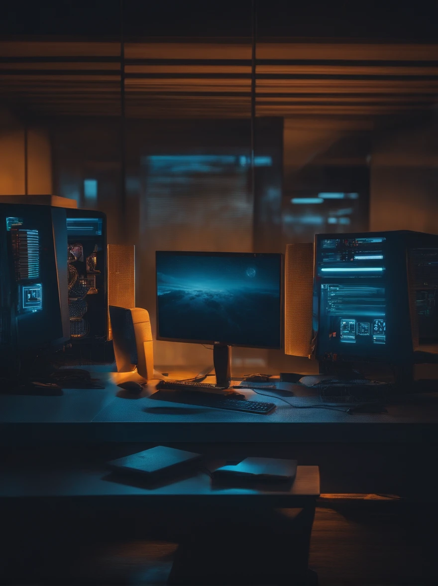 Mulher sentada em frente a um computador,  escolhendo uma imagem entre seis que aparecem na tela do computador. Ambiente escuro, com tom predominante azul escuro e luzes de led laranja, Arte do papel de parede, Papel de parede UHD, estilo cyberpunk