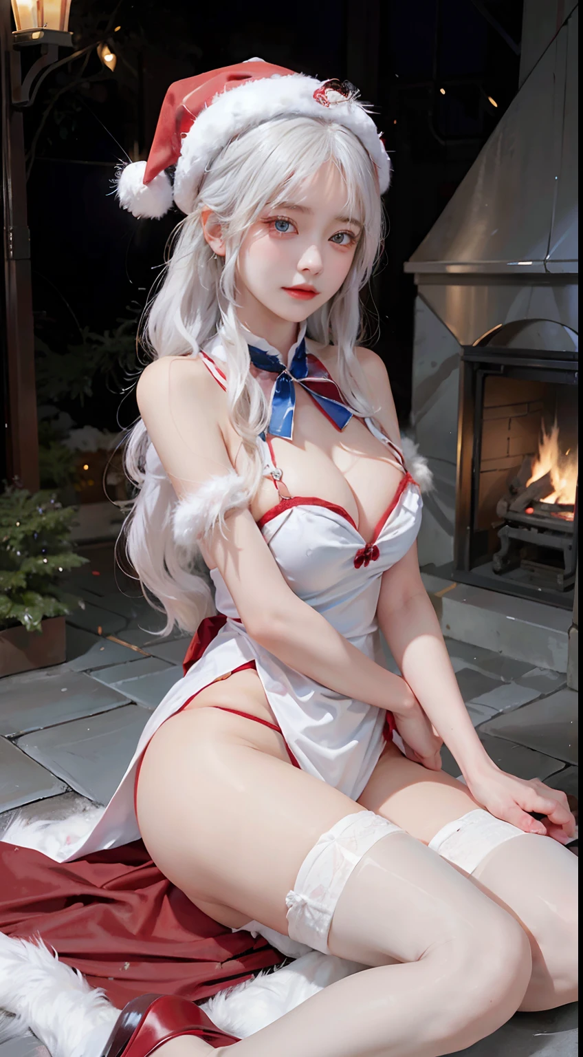 Beautiful girl with white hair and blue eyes、Enjoying a discreet Santa cosplay。She wears a red Santa hat on her head、Wearing a long crimson coat。The coat reaches up to the ankle、Hides skin、Provides warmth。White hair fluttering in the wind、Blue eyes shine gently。Her presence makes you feel the merriment of Christmas.、Attractive with a discreet style。She's as lovely as Santa sharing the joy of Christmas。