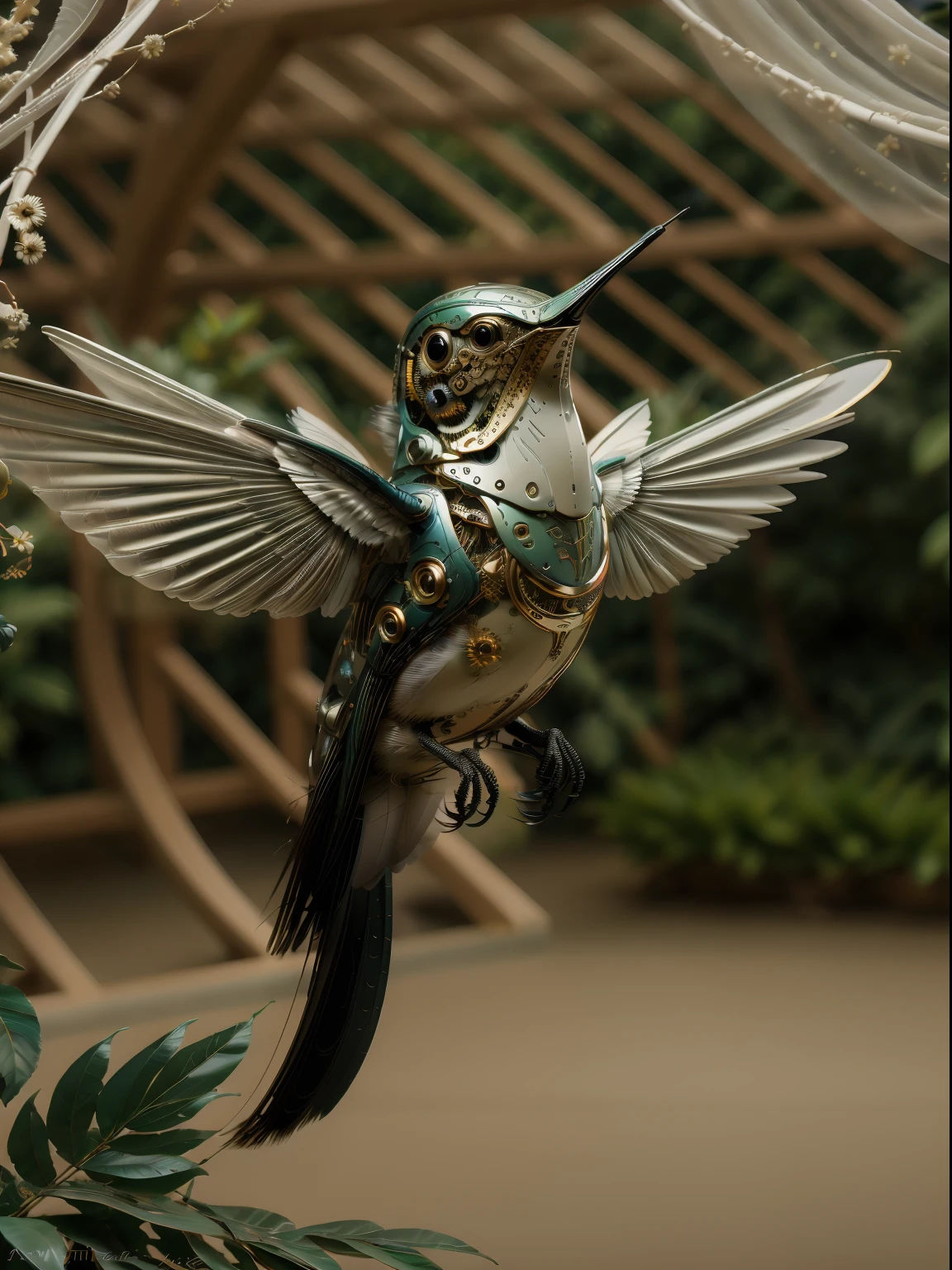 A delicate, bio-mechanical hummingbird with intricately designed, intertwining metal and feather components, sipping nectar from a vibrant flower in a lush garden. fantasy00d, elemental, atmospheric, luminescent particles in the air, [mischief], [magic], [iridescence], meticulous, intricate, intimate, nuanced, film grain, vibrant, ray-traced caustics, subsurface scattering, soft lighting, masterpiece, masterwork, top quality, best quality, highest quality, highest fidelity, highest resolution, highres, highest detail, highly detailed, hyper-detailed, detail enhancement, deeply detailed, awe inspiring, breathtaking, super-resolution, megapixel, UHD, HDR, FHD, 8k, 16k, 32k, 64k, high dynamic range, insanely detailed, beautifully color graded, post processing, post production, dynamic tone mapping, volumetric, ultra-detailed, super detailed.