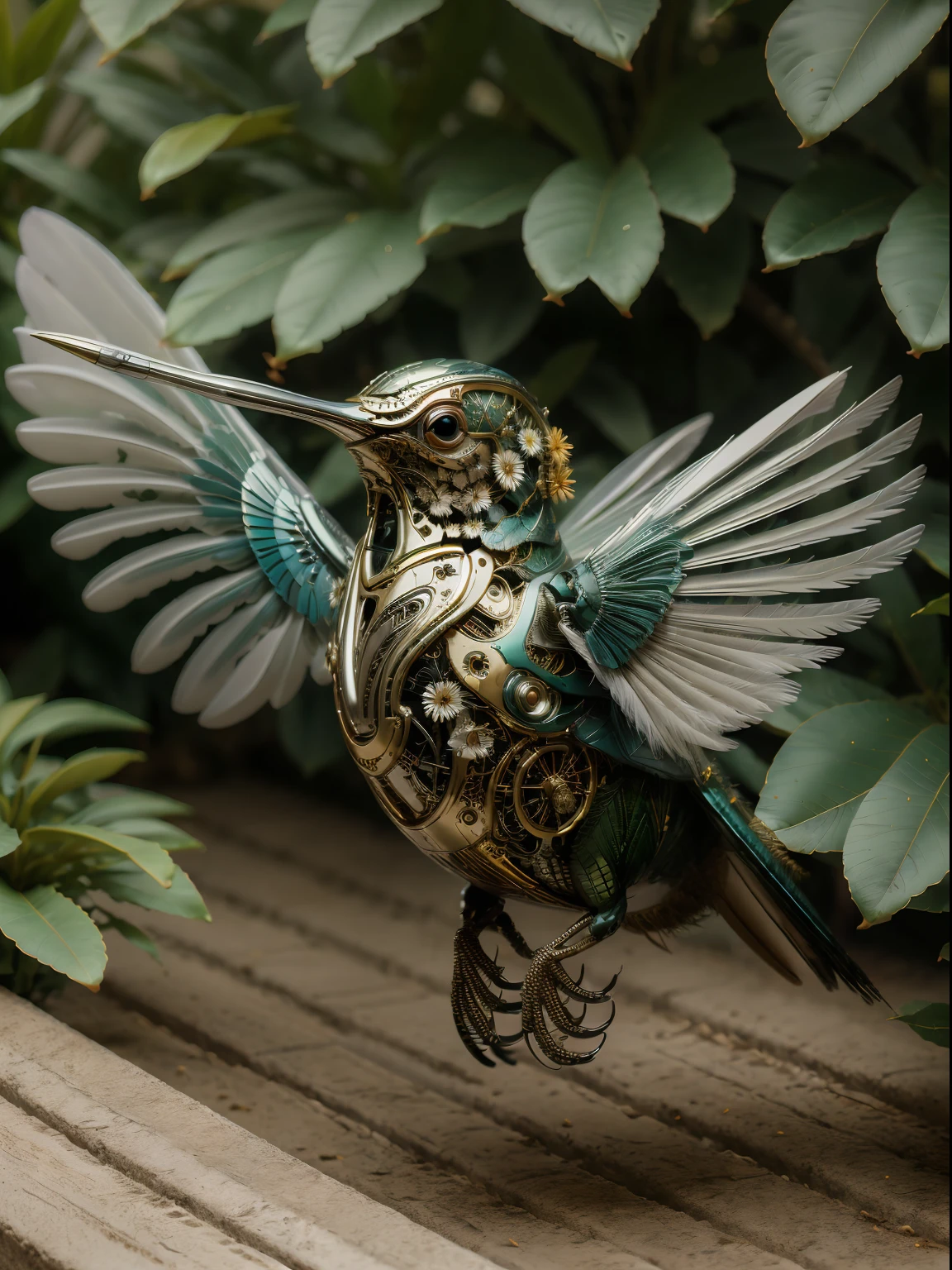 A delicate, bio-mechanical hummingbird with intricately designed, intertwining metal and feather components, sipping nectar from a vibrant flower in a lush garden. fantasy00d, elemental, atmospheric, luminescent particles in the air, [mischief], [magic], [iridescence], meticulous, intricate, intimate, nuanced, film grain, vibrant, ray-traced caustics, subsurface scattering, soft lighting, masterpiece, masterwork, top quality, best quality, highest quality, highest fidelity, highest resolution, highres, highest detail, highly detailed, hyper-detailed, detail enhancement, deeply detailed, awe inspiring, breathtaking, super-resolution, megapixel, UHD, HDR, FHD, 8k, 16k, 32k, 64k, high dynamic range, insanely detailed, beautifully color graded, post processing, post production, dynamic tone mapping, volumetric, ultra-detailed, super detailed.