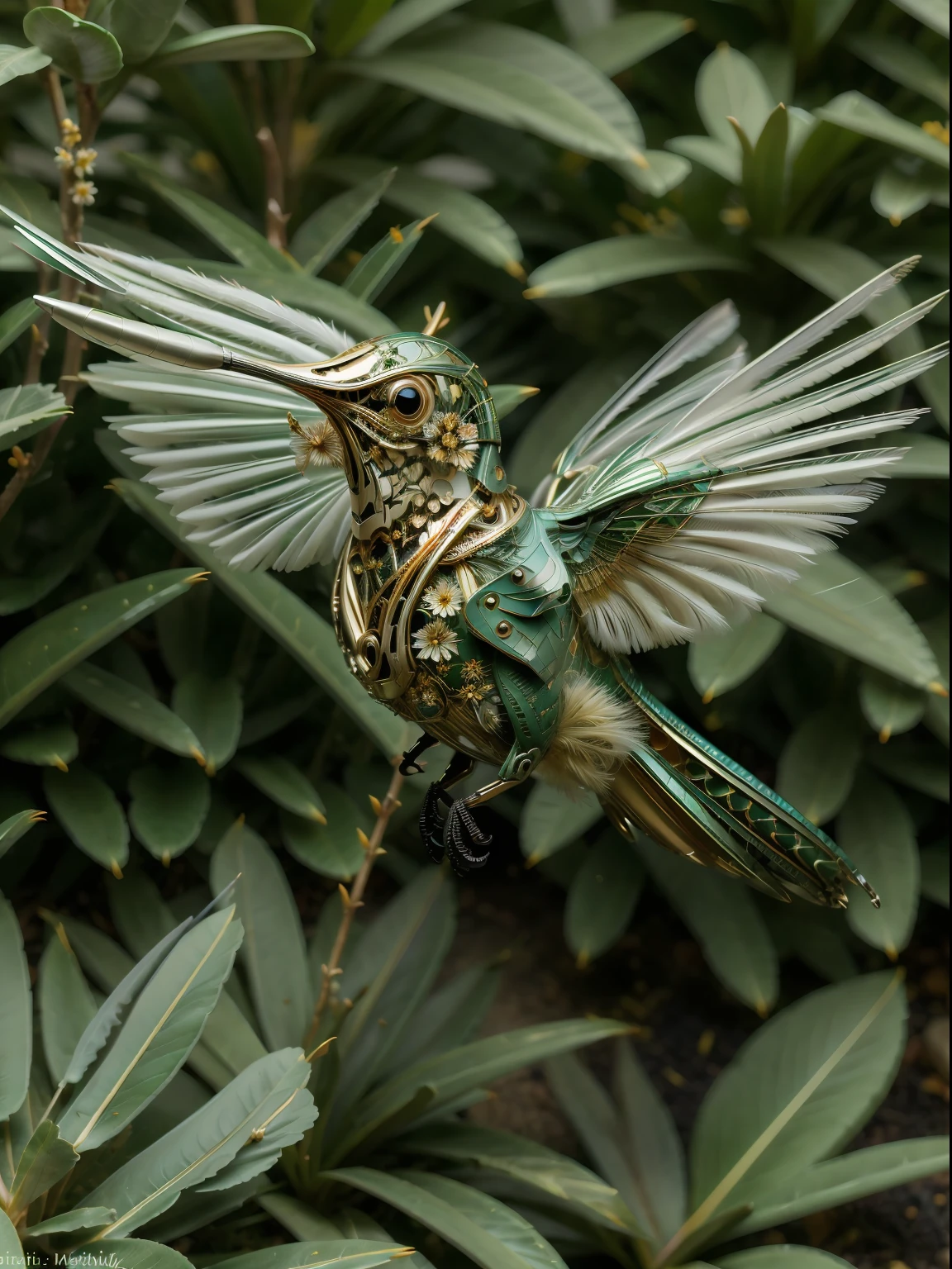 A delicate, bio-mechanical hummingbird with intricately designed, intertwining metal and feather components, sipping nectar from a vibrant flower in a lush garden.