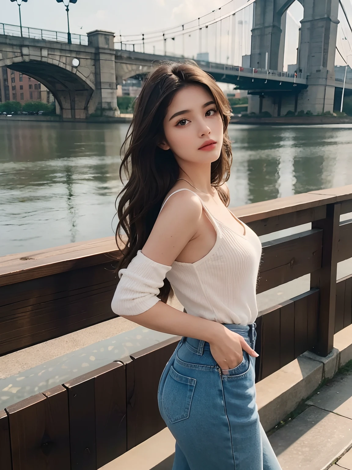 (Best quality, 8k, Masterpiece: 1.3)), Beauty, young girl from usa, long wavy dark brown hair, on bridge, instagram post, realistic backgraund, detaliczna casual clothes, no breasts, Retail Background