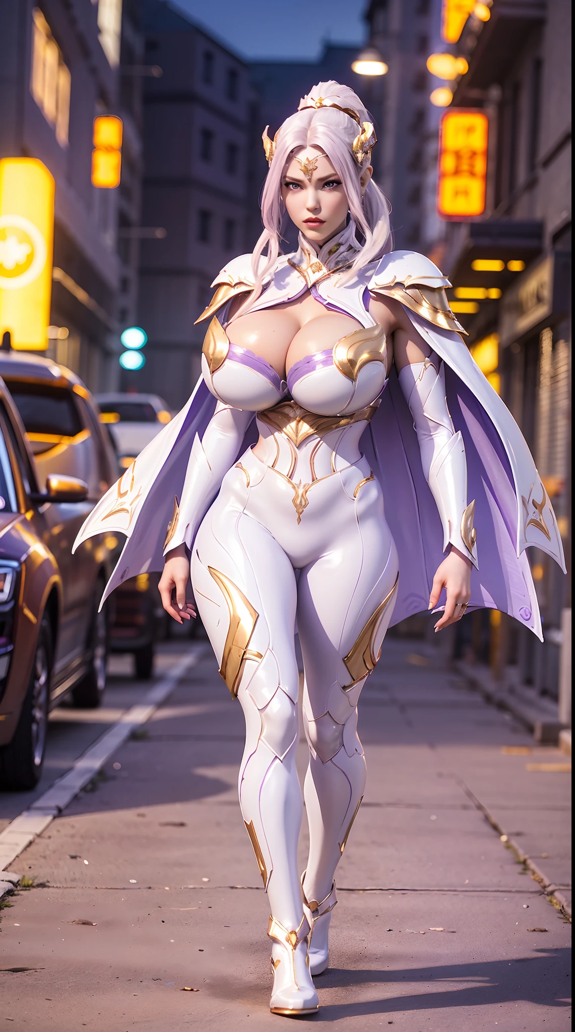 1GIRL, SOLO, (PONYTAIL, DRAGON QUEEN HELM), (HUGE FAKE BOOBS:1.3), (white, purple  gold, FUTURISTIC LATEX CROP TOP, ROYAL CAPE, CLEAVAGE:1.5), (SKINTIGHT YOGA PANTS, HIGH HEELS:1.2), (SEXY BODY, SEXY LONG LEGS, FULL BODY:1.3), (FROM FRONT, LOOKING AT VIEWER), (WALKING DOWN ON STREET NIGHT CITY:1.2), ULTRA HIGHT DEFINITION, 8K, 1080P.