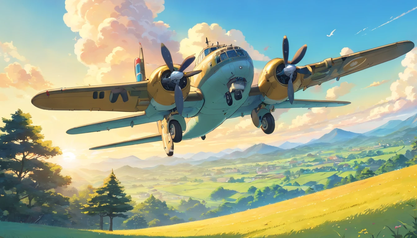 (best quality,Full HD,highres,masterpiece:1.2),landscape background,blue sky,golden sunlight,large aircraft,B17
