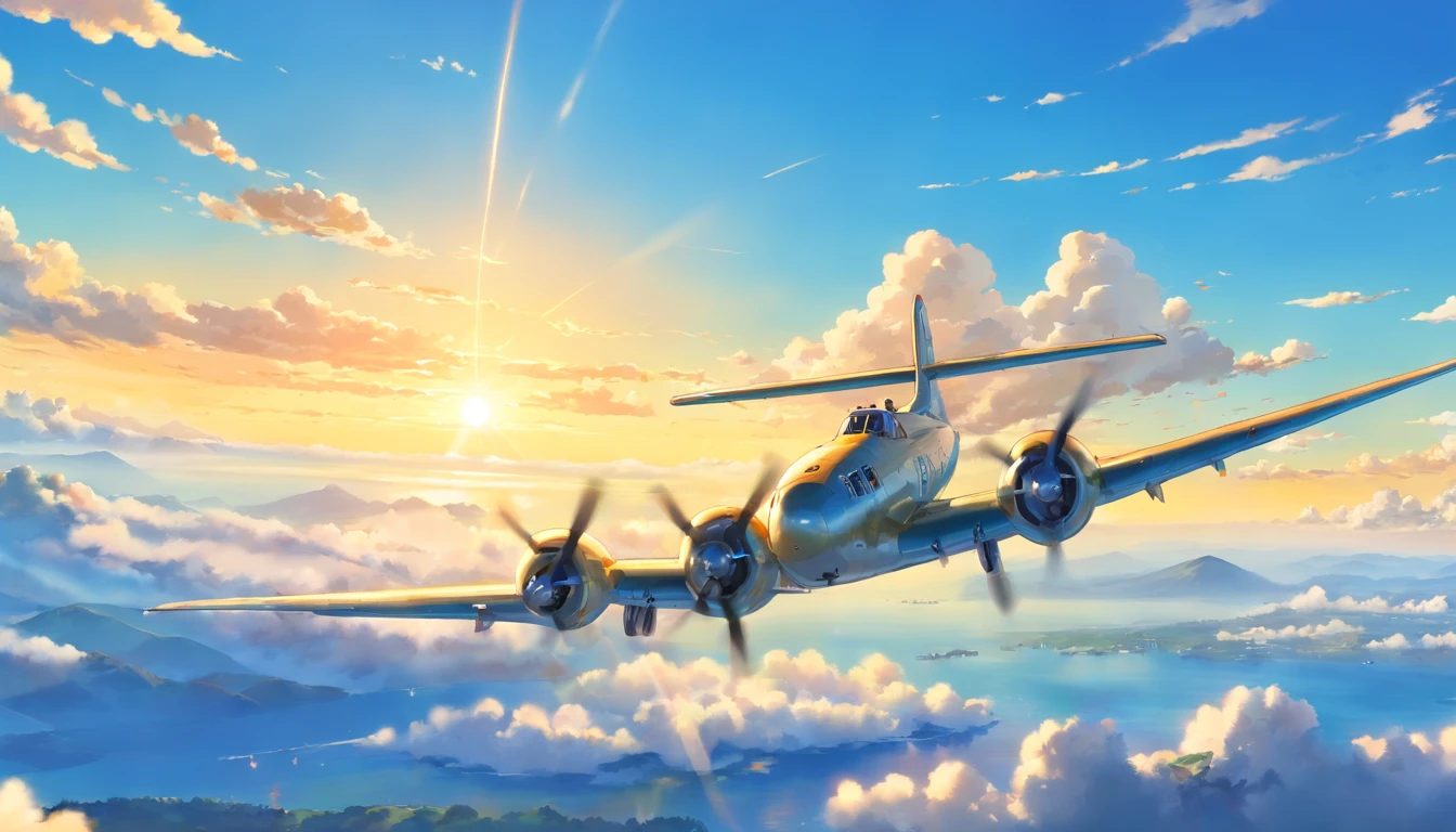 (best quality,Full HD,highres,masterpiece:1.2),landscape background,blue sky,golden sunlight,large aircraft,B17