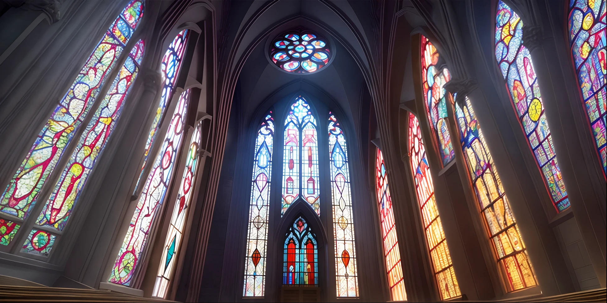 arafficial stained glass windows in a church with a bench, mystical cathedral windows, stained glass windows, gothic stained glass style, backlit stained glass, stained glass, large stained glass windows, stain glass, stained glass futuristic church, intricate stained glass, beautiful stained glass window, gothic cathedral, intricate stained glass triptych, maxim verehin stained glass, stained glass window