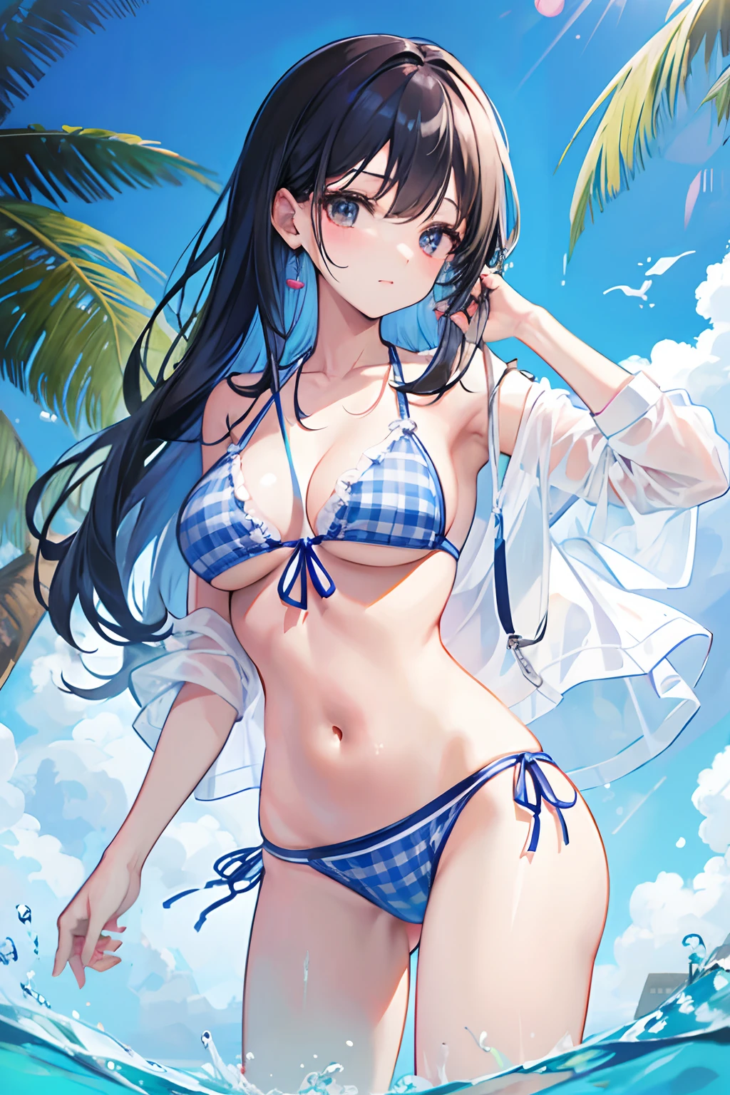 woman wearing a blue gingham bikini, wearing lanyard, school