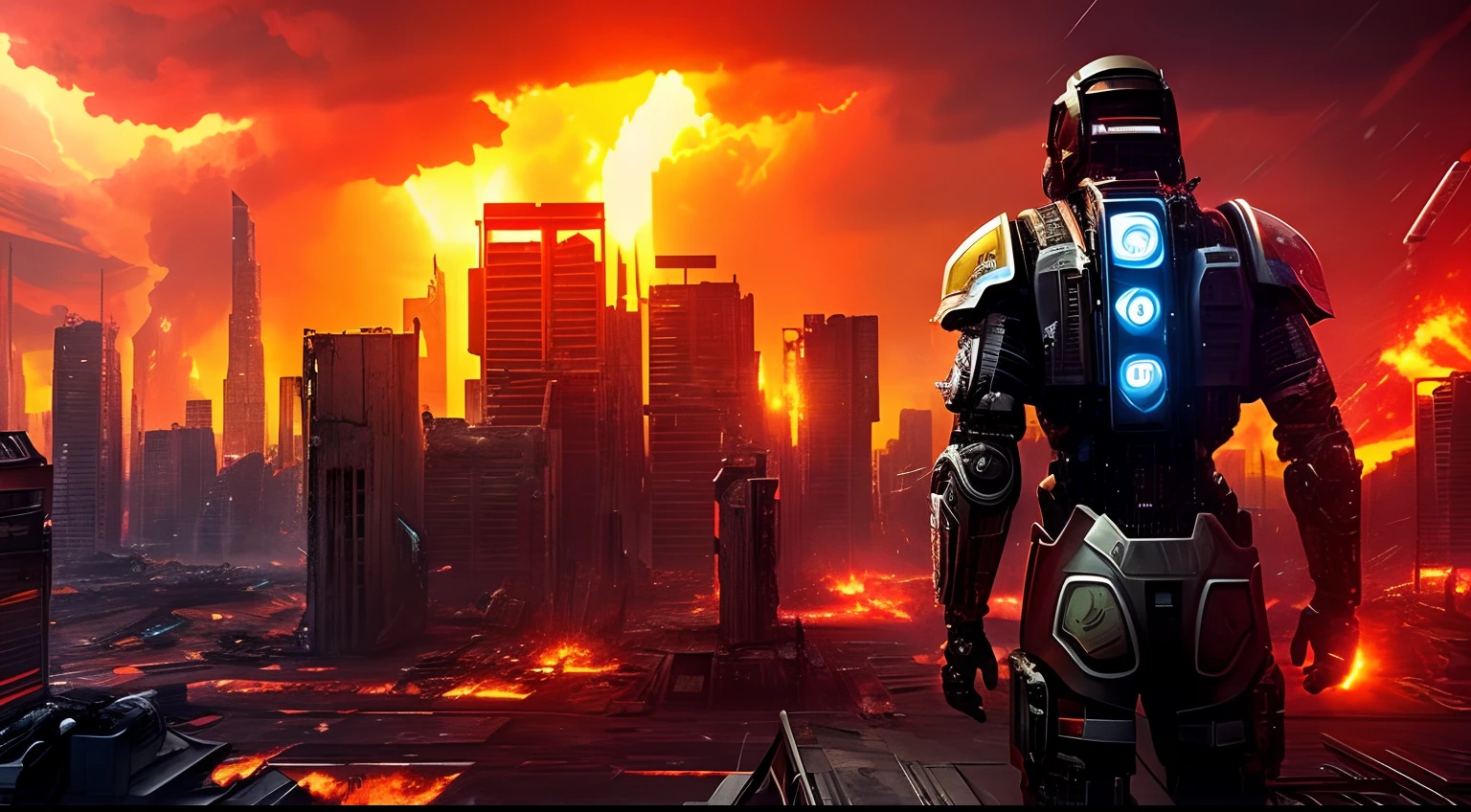 Back view of an armed half human cyborg, across the view of a devastated burning metropolis, 3D; apocalyptic retro cyberpunk; thunderstorms; red color splash; dynamic color-field; cyclorama effect; ultra realistic, cinematic lighting