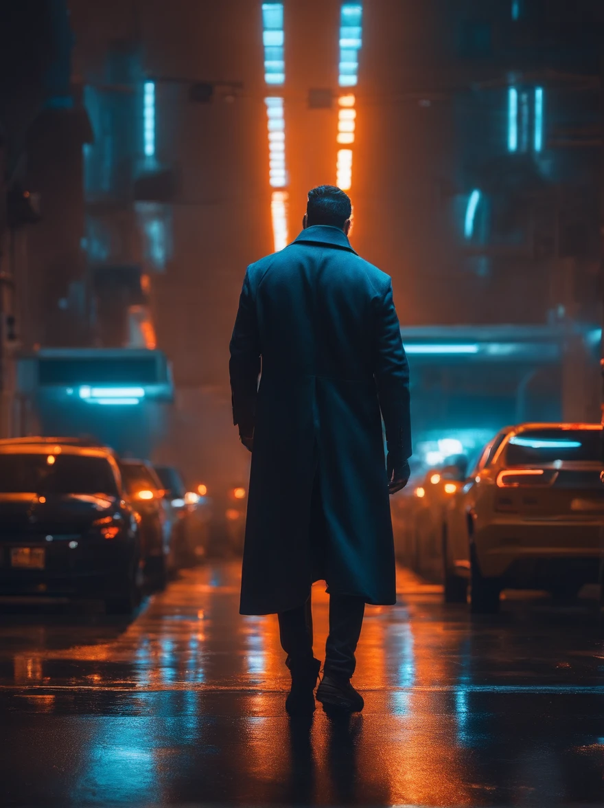 Homem recebendo ordens e sinalizando que vai obedecer. Ambiente escuro, com tom predominante azul escuro e luzes de led laranja, Arte do papel de parede, Papel de parede UHD, estilo cyberpunk