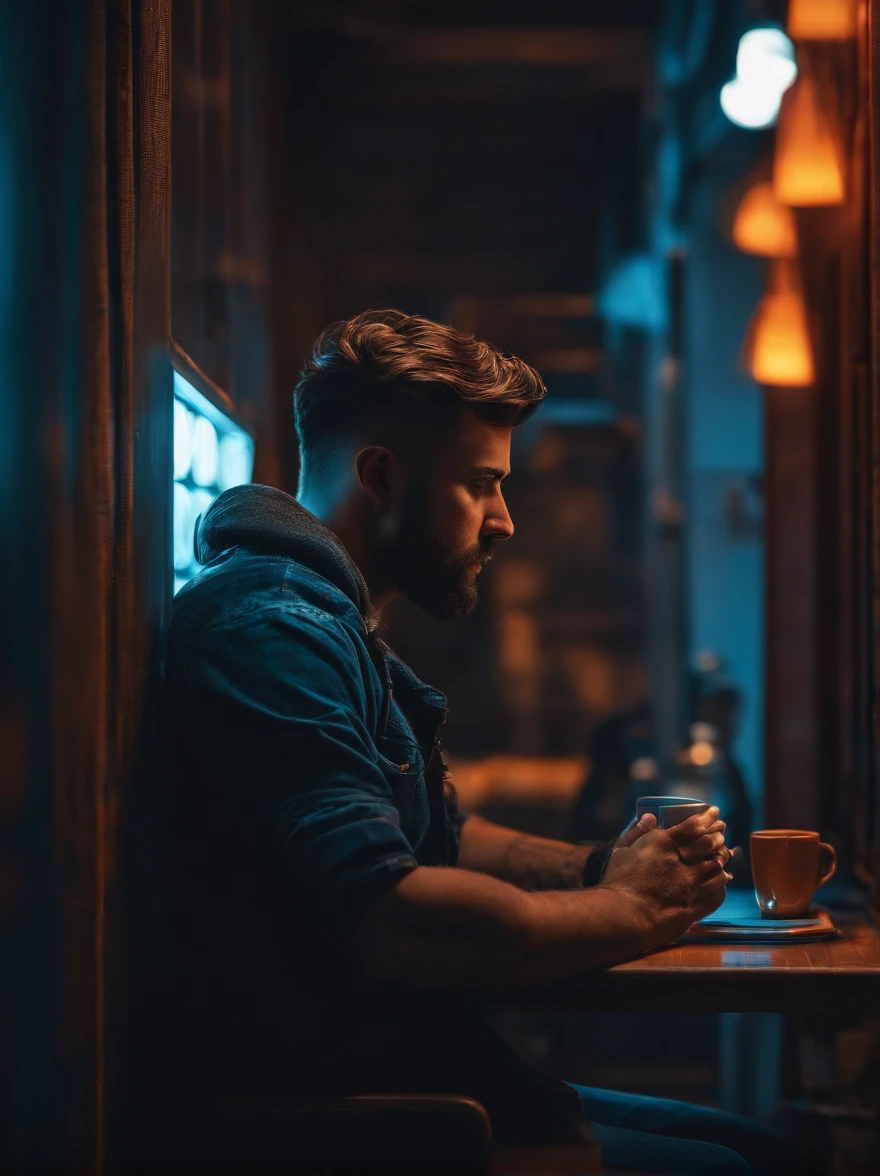 Homem recebendo ordens e sinalizando que vai obedecer. Ambiente escuro, com tom predominante azul escuro e luzes de led laranja, Arte do papel de parede, Papel de parede UHD, estilo cyberpunk