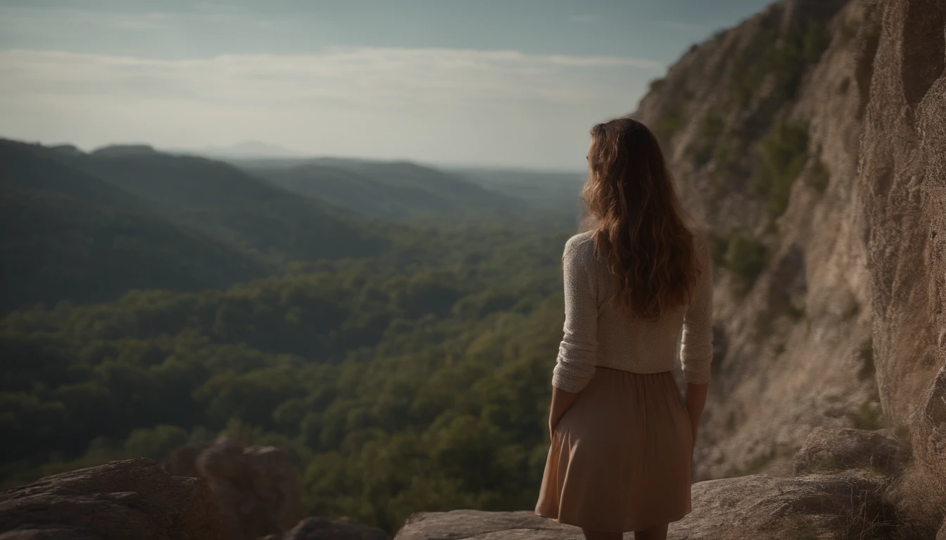 create a super realistic and cinematic picture of a girl standing on a clif looking in the distance, the picture is from behind the girl
