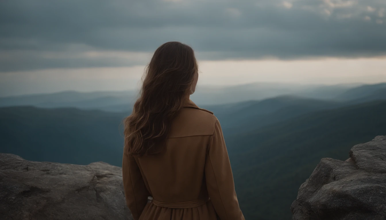 create a super realistic and cinematic picture of a girl standing on a clif looking in the distance, the picture is from behind the girl