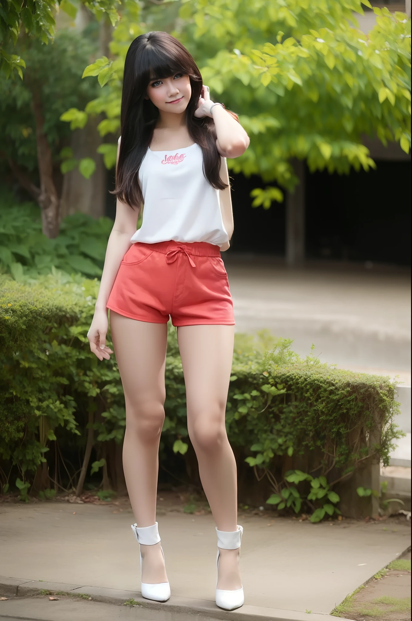best quality, ultra-high res, (photorealistic:1.4), long hair, bangs, red tight hotpants, chameltoe, full body, looking_at_viewer. little smile, white tanktop, high heels, standing Graceful, passion style, Smooth lips, detailed eyes, glaze eyes, public park, zoom, Cleavage