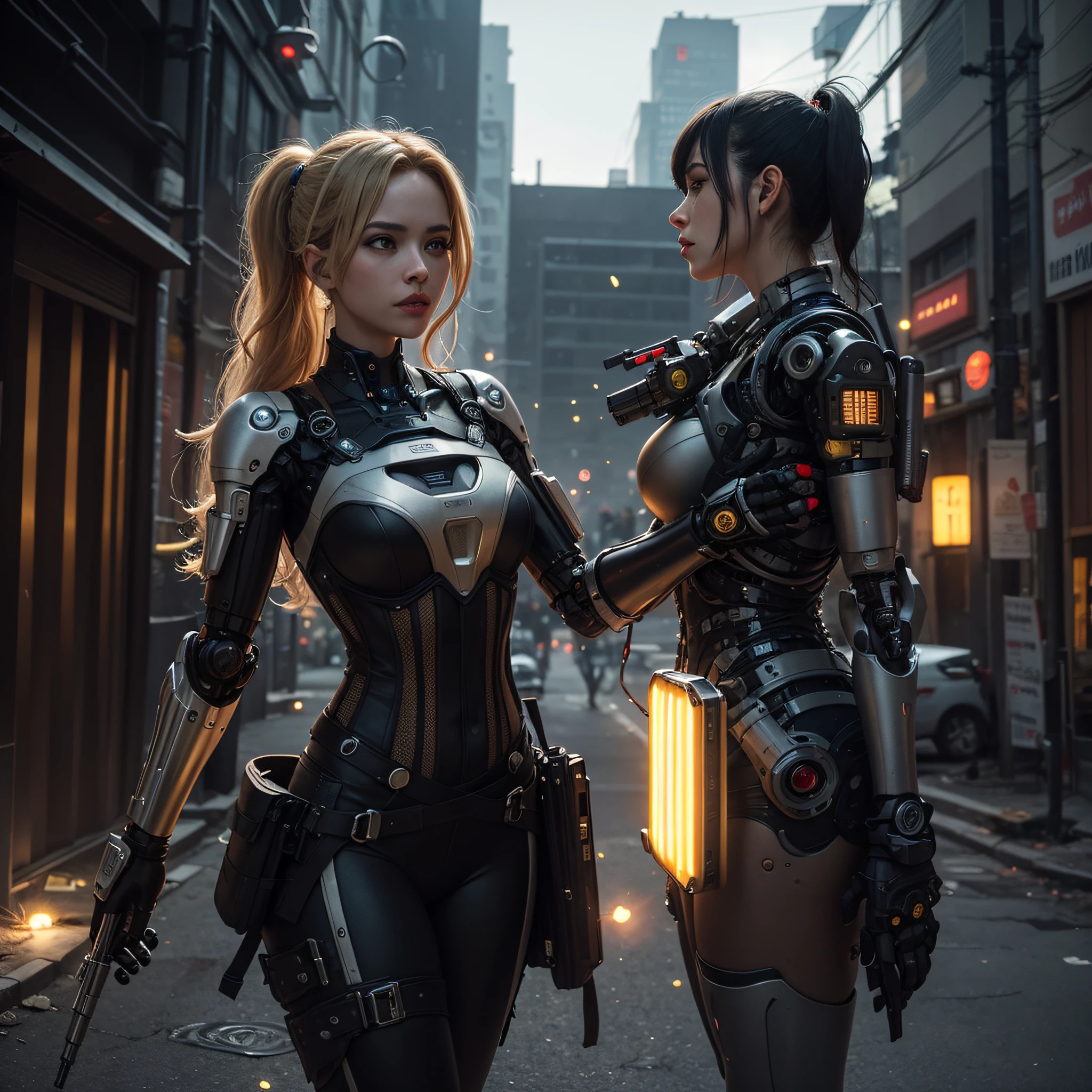 ((calidad superior)), ((obra maestra)), ((realista)), (Los detalles), (fotorrealista:1.5), Science-Fiction, HDR, Trazado de rayos, NVIDIA RTX, Los ultra-Highres, Irreal 5, Sub-Surface Scatterring, PBR texturizado, Post-procesamiento, Anisotropic filtering, Profundidad de campos, maximum sharpness and sharpness, Regla de los tercios、8K RAW、(Luminescent Particles:1.4)、(super-detailed CG、Unidad 8k Fondos de pantalla、lighting like a movie、destello de lente、foco nítido. Girl with yellow corset, Robotic Parts, Cannon fire, guerra urbana, Armas, pistola, Arte cyberpunk、arquitectura cyberpunk