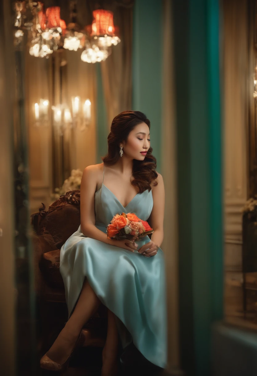 brunette color hair，short detailed hair，Ear ring，Be red in the face，Purple pupils，chineseidol，white stockings，duck sitting，inside in room，校服，seminude，Lori huge breasts cleavage，No underwear