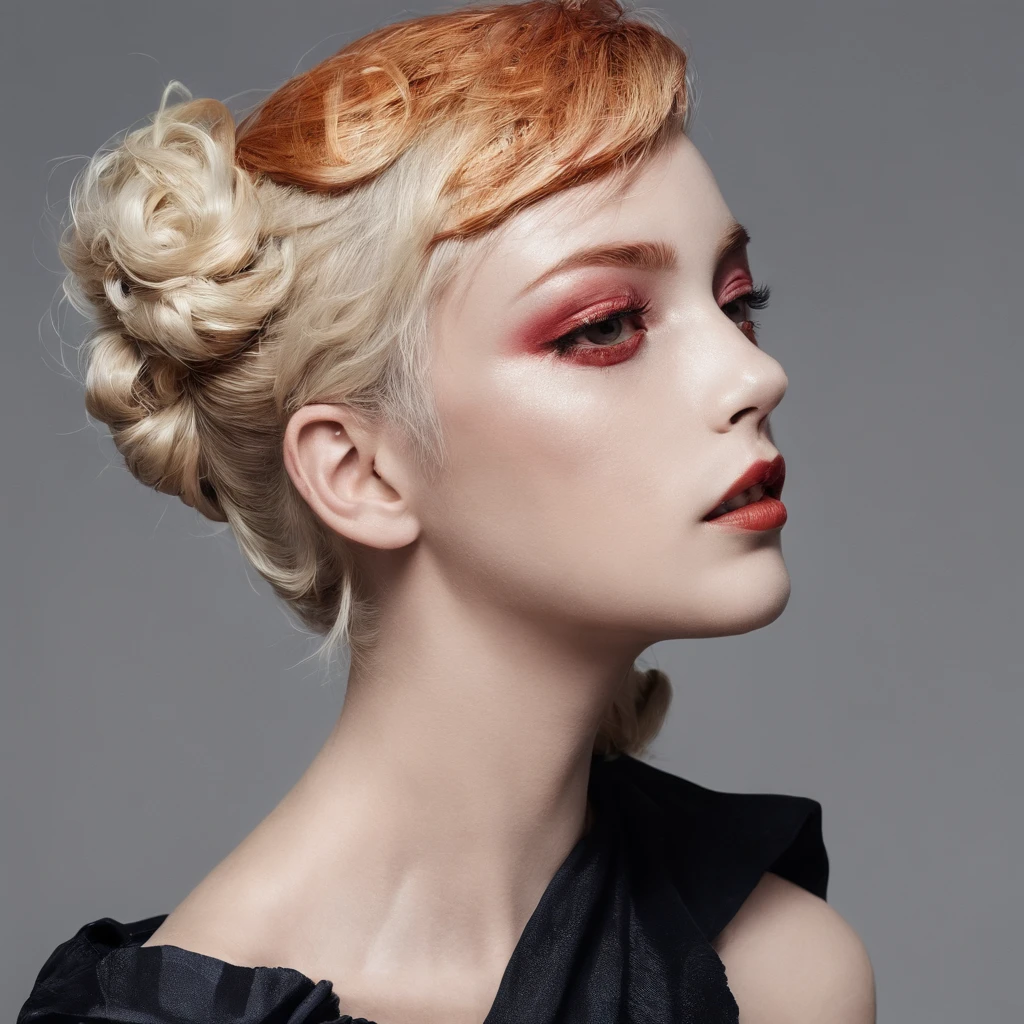 Fashion portrait with exotic and mysterious image、Quirky hairstyle spread out horizontally、Paint-like eye shadow around the eyes、Detailed skin type expression、Paint on the face、A melancholy gaze