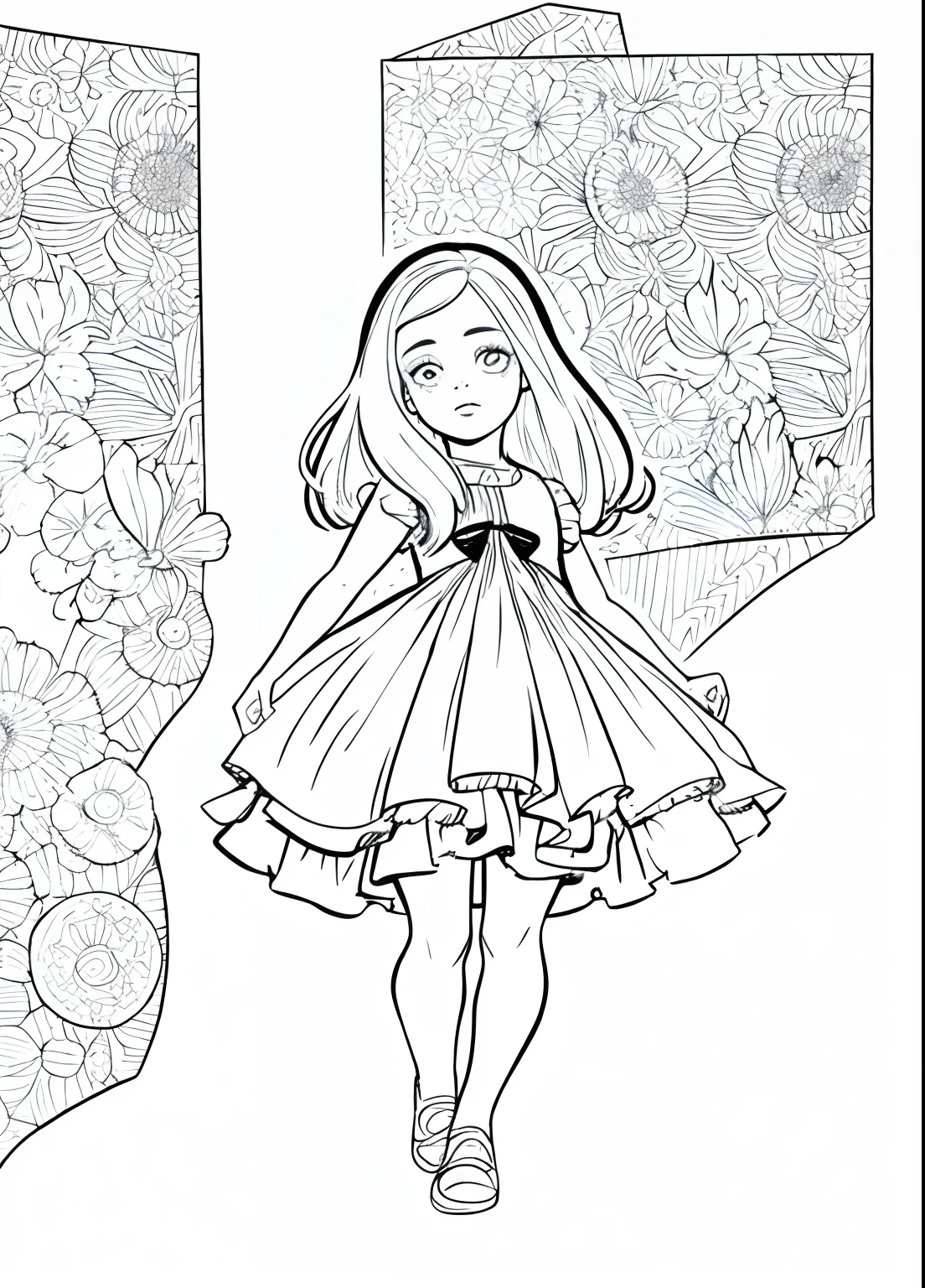 A drawing of a girl in a dress is standing, em um vestido, she is dancing. Realistic, in cartoon style, sketch black and white colors, Desenhado no estilo de Mark Arian, Loli nstido, retrato de personagem de mim, coloring book outline, Retrato do conceito do personagem de mim, Cartoon style illustration, outline sketch, line art colouring page