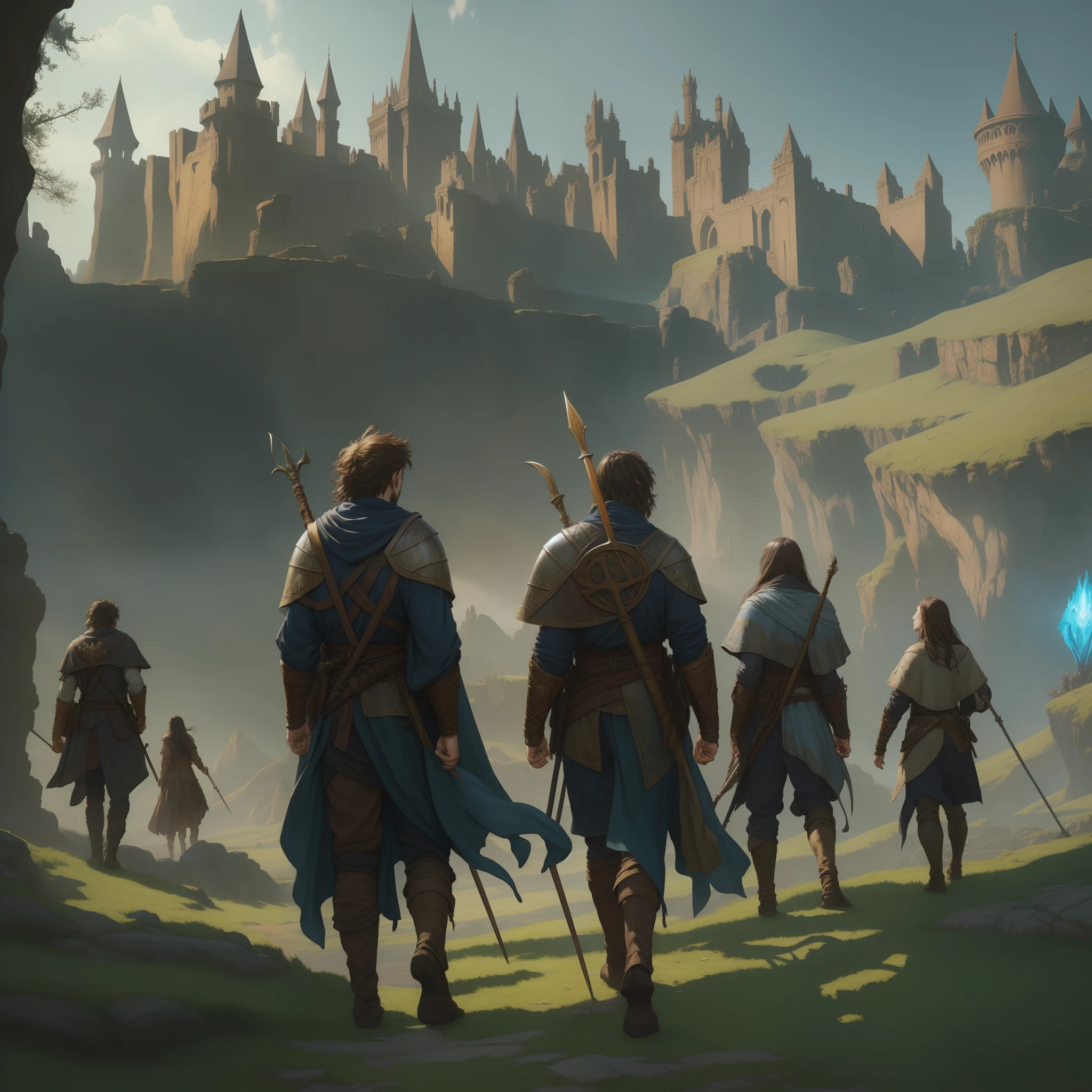 many adventurers in the quest, medieval fantasy, beautiful plains landscape, from Brian Froud and Carne Griffiths and Wadim Kashin and John William Waterhouse, 8K post-production, high resolution, hiperdetailed, trending in artstation, sharp-focus, Studio photo, from Greg Rutkowski