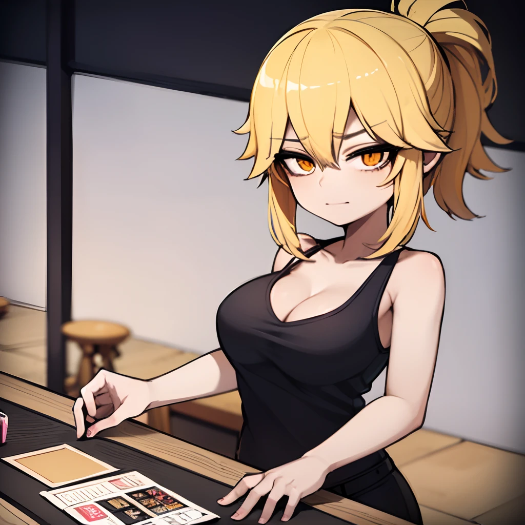 Chica sexy anime pelo moreno estirada en el suelo en ropa interior jugando juego de mesa monopoly, fichas Monopoly, ??????, luces RGB, chica guapa, pelo recogido, pelo moreno, hoyuelos en la cara, ojos marrones