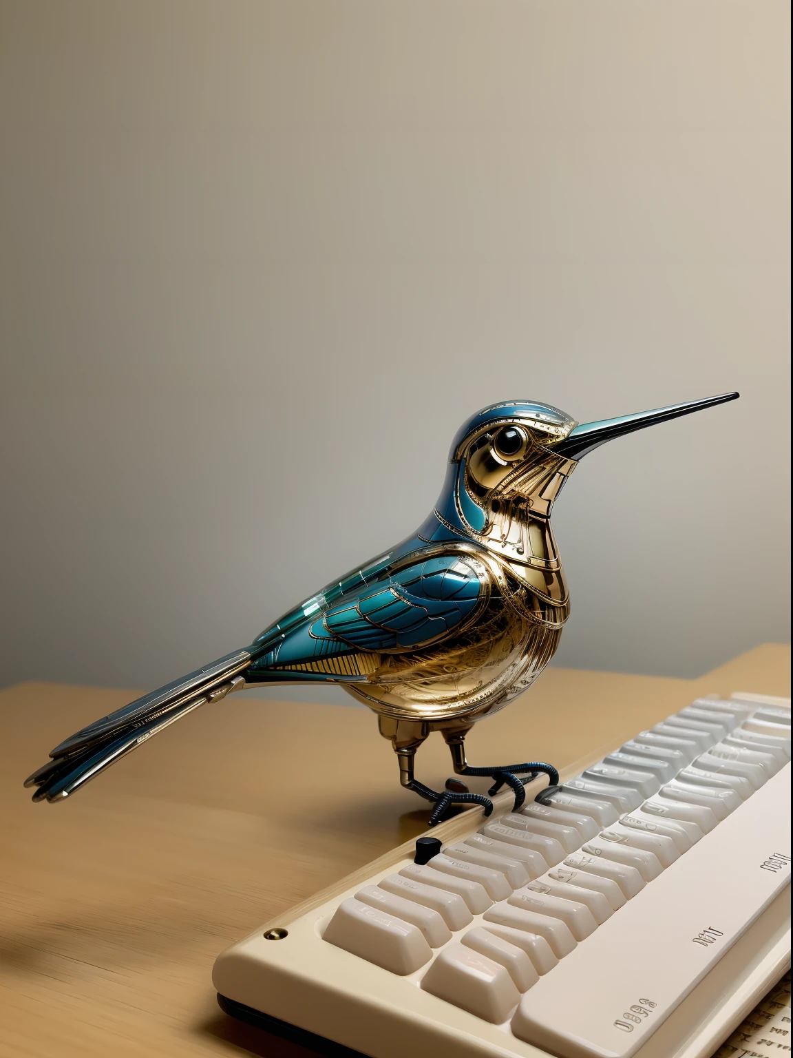 A classic glass "Drinking Bird" toy, delicately perched on the edge of a keyboard, gently tapping away at the keys as if typing a message, mindwarp.