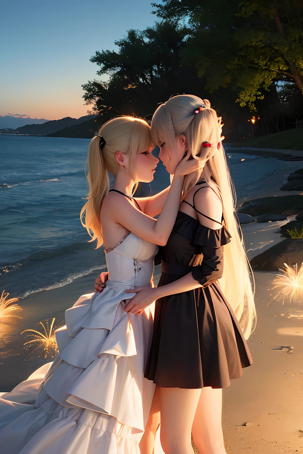 two very close romantic couples standing outside and near some water next to a firecracker, multiple girls, dress, 2girls, blonde hair, white dress, black dress, yuri, blue eyes, fireworks, outdoors, sky, looking at another, bare shoulders, black hair