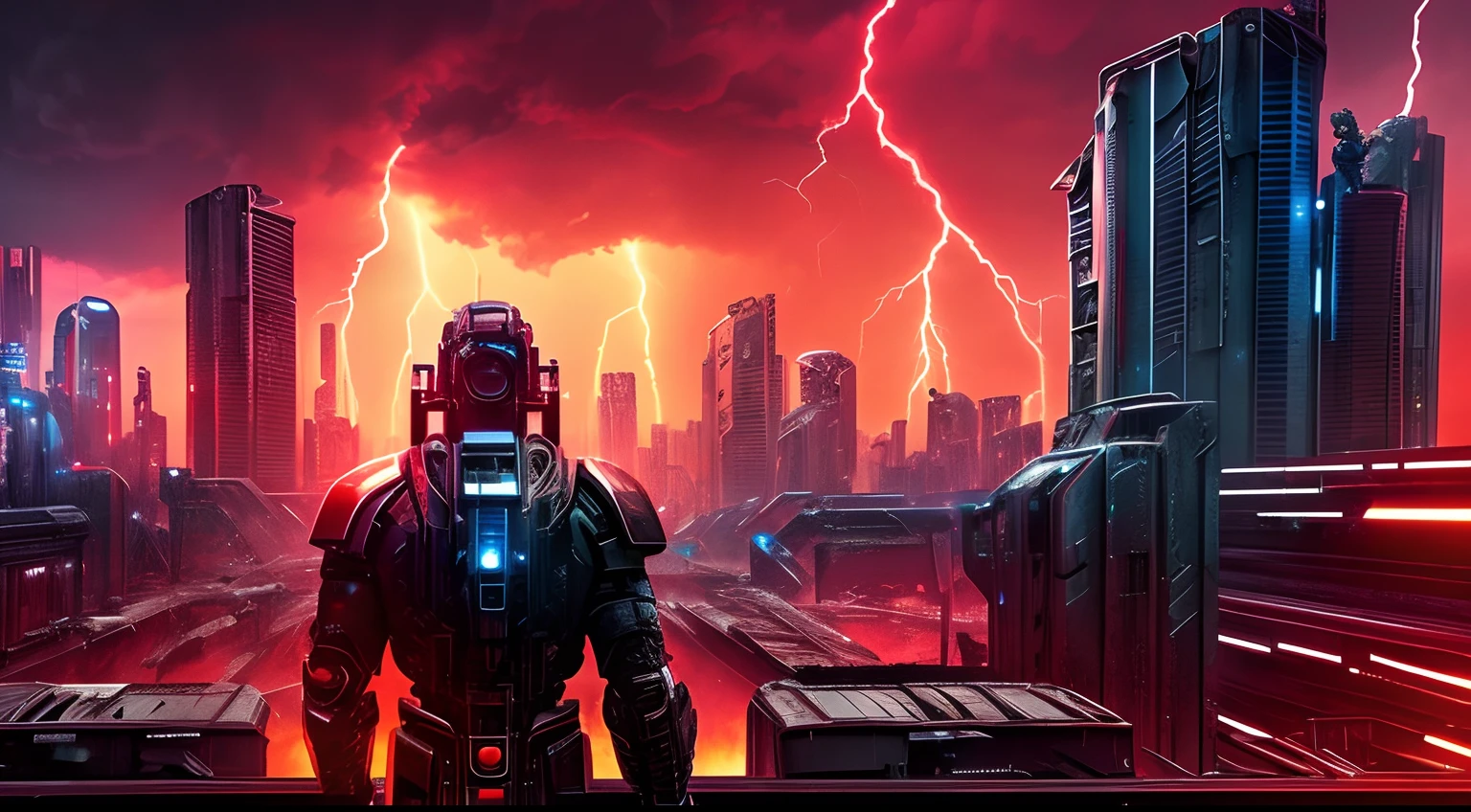 Back view of a half human cyborg, across the view of a devastated metropolis, 3D; apocalyptic retro cyberpunk; thunderstorms; red color splash; dynamic color-field; cyclorama effect; ultra realistic, cinematic lighting