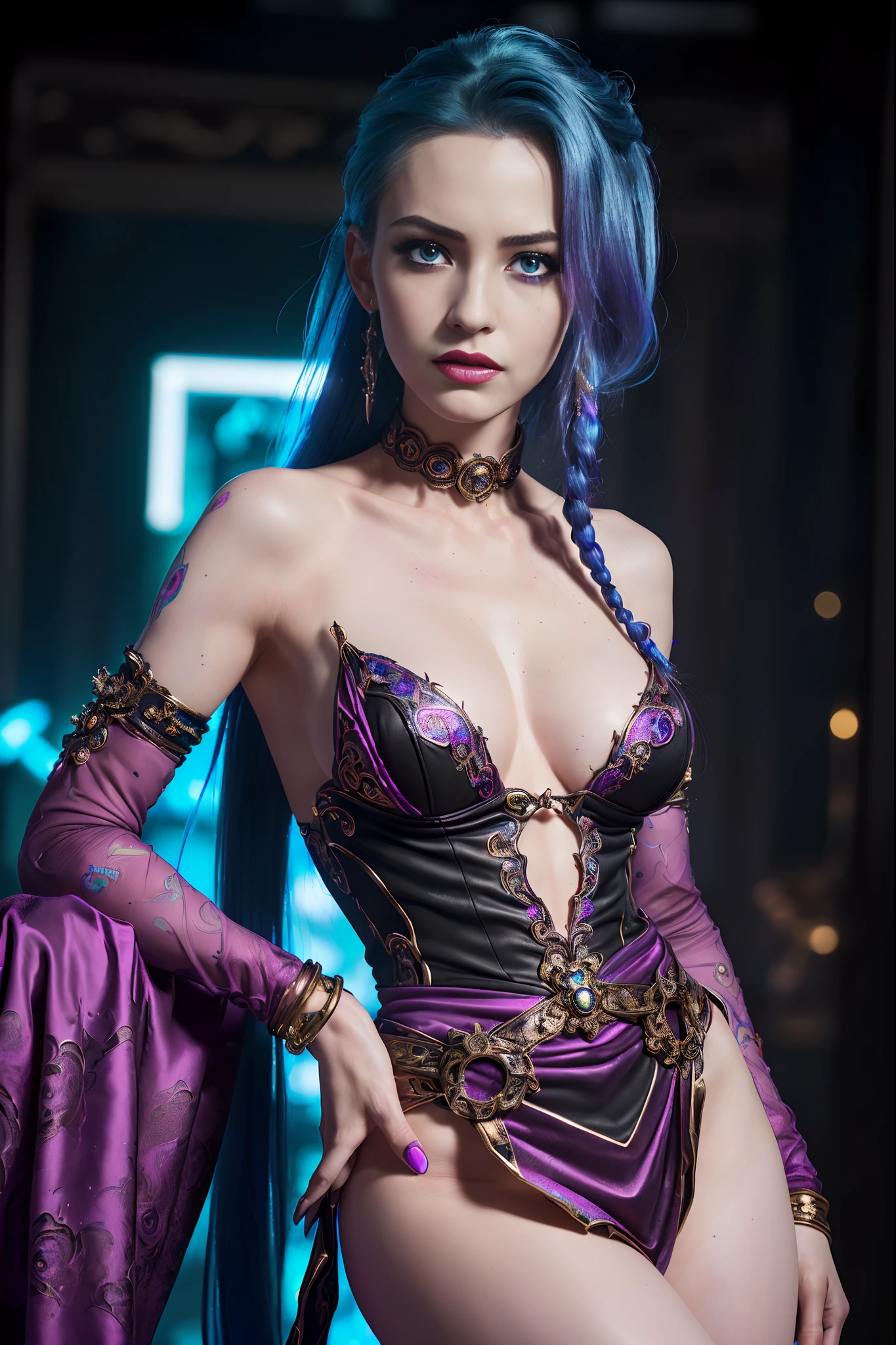 Masterpiece, Jinx from Arcane, intricately detailed background, (UHD, 8K wallpaper, High resolution), Cinematic lighting, award-winning, extremely detailed skin, extra detailed face, high detail eyes, photo-realistic, Zeiss 85 mm F/1.4, by Ellen von Unwerth