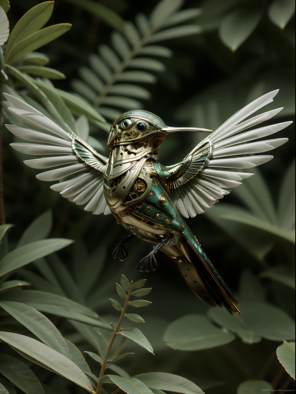 A delicate, bio-mechanical hummingbird with intricately designed, intertwining metal and feather components, sipping nectar from a vibrant flower in a lush garden. mindwarp, elemental, atmospheric, luminescent particles in the air, [mischief], [magic], [iridescence], meticulous, intricate, intimate, nuanced, film grain, vibrant, ray-traced caustics, subsurface scattering, soft lighting, masterpiece, masterwork, top quality, best quality, highest quality, highest fidelity, highest resolution, highres, highest detail, highly detailed, hyper-detailed, detail enhancement, deeply detailed, awe inspiring, breathtaking, super-resolution, megapixel, UHD, HDR, FHD, 8k, 16k, 32k, 64k, high dynamic range, insanely detailed, beautifully color graded, post processing, post production, dynamic tone mapping, volumetric, ultra-detailed, super detailed.