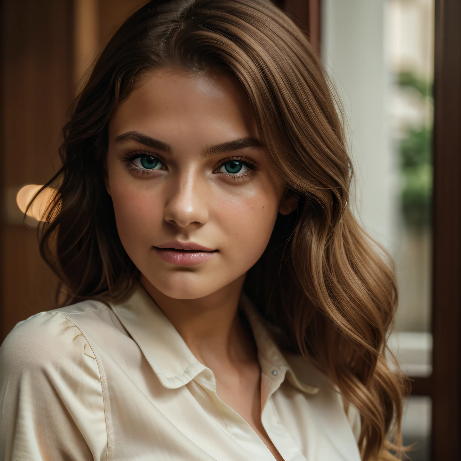 portrait of the beautiful teenage Lithuanian model, wavy brown hair with blonde highlights, deep green eyes, very tanned textured skin, puffed sleeved shirt, big lips (8k, RAW photo, best quality, masterpiece: 1.2), (realistic, photorealistic: 1.37), ultra detailed, (high detail skin: 1.2), 8k uhd, DSLR, soft lighting, high quality, film grain, Fujifilm XT3, Professional lighting, very detailed, ultra sharp focus Sony FE 55mm f/1.8 ZA, Moviecam Compact MK2