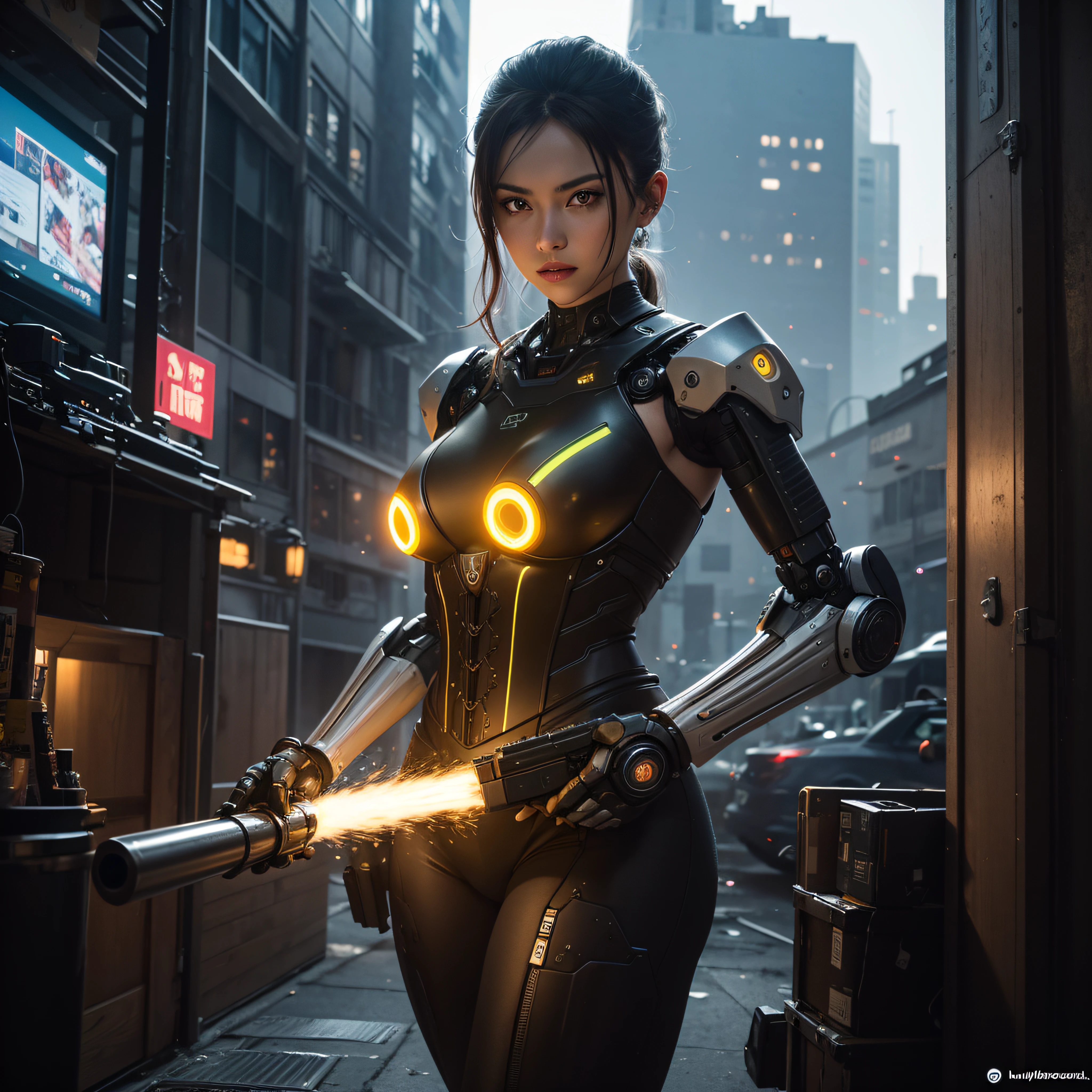 ((calidad superior)), ((obra maestra)), ((realista)), (Los detalles), (fotorrealista:1.5), Science-Fiction, HDR, Trazado de rayos, NVIDIA RTX, Los ultra-Highres, Irreal 5, Sub-Surface Scatterring, PBR texturizado, Post-procesamiento, Anisotropic filtering, Profundidad de campos, maximum sharpness and sharpness, Regla de los tercios、8K RAW、(Luminescent Particles:1.4)、(super-detailed CG、Unidad 8k Fondos de pantalla、lighting like a movie、destello de lente、foco nítido. Girl with yellow corset, Robotic Parts, Cannon fire, guerra urbana, Armas, pistola, Arte cyberpunk、arquitectura cyberpunk