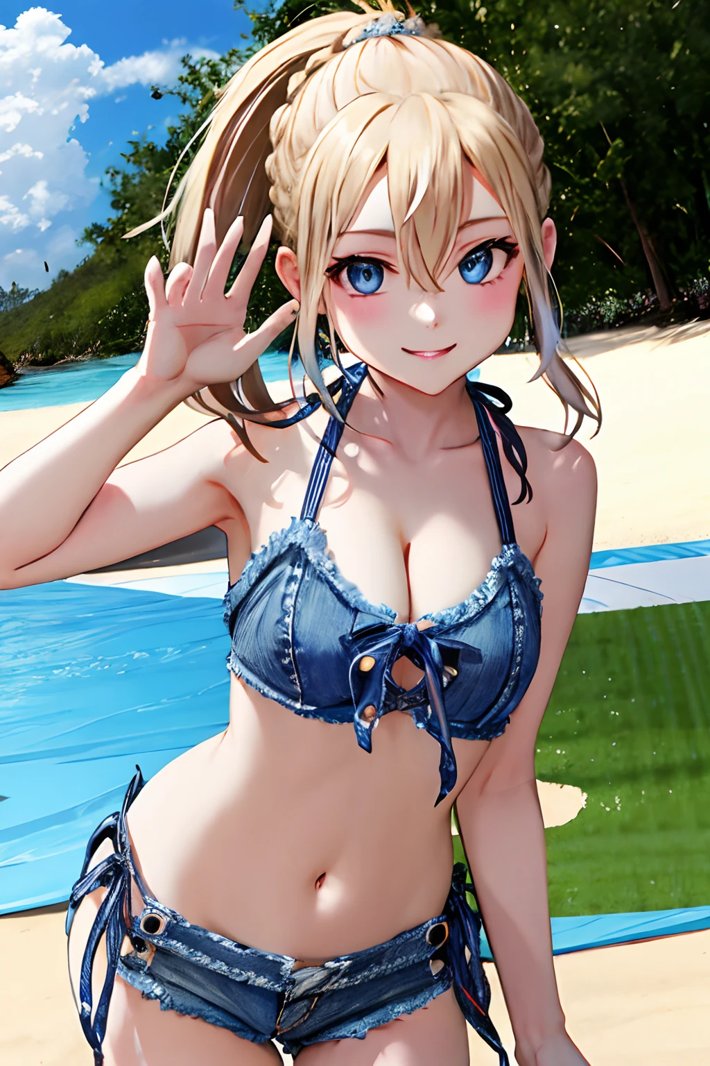 (masterpiece, best quality,:1.2)1girl,solo,blond hair,ponytail,hair between eyes,cleavage,blue eyes,light smile,looking at viewer,bikini,shorts,denim,navel,swimsuit,leaning forward,upper body,dynamic pose,beach