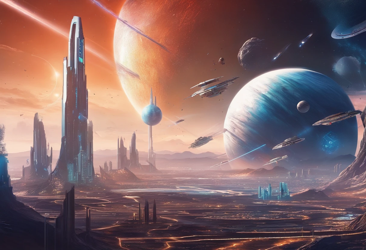 A distant planet with a city from the future, Spaceships are flying in the air
