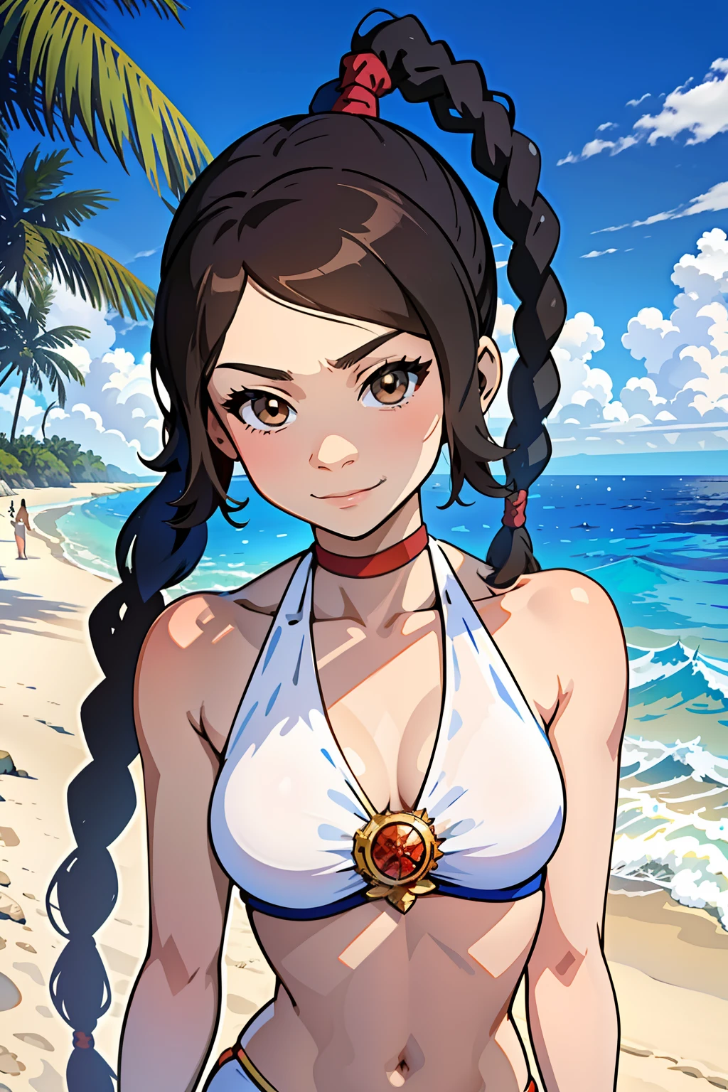 Anime, 8k, high definition, masterpiece, ((ultra detailed background, delicate pattern, intricate detail, highly detailed, fine details best quality, beautiful face)), beautiful lighting, absurdres, TyLee, 1girl, solo, brown hair, braid, smile, long hair, brown eyes, navel, midriff, braided ponytail, swimsuit, bikini, small breasts, bare shoulders, ((complex detailed background, beach, sand, ocean, outside, palm tree, sunbed, blue sky)),