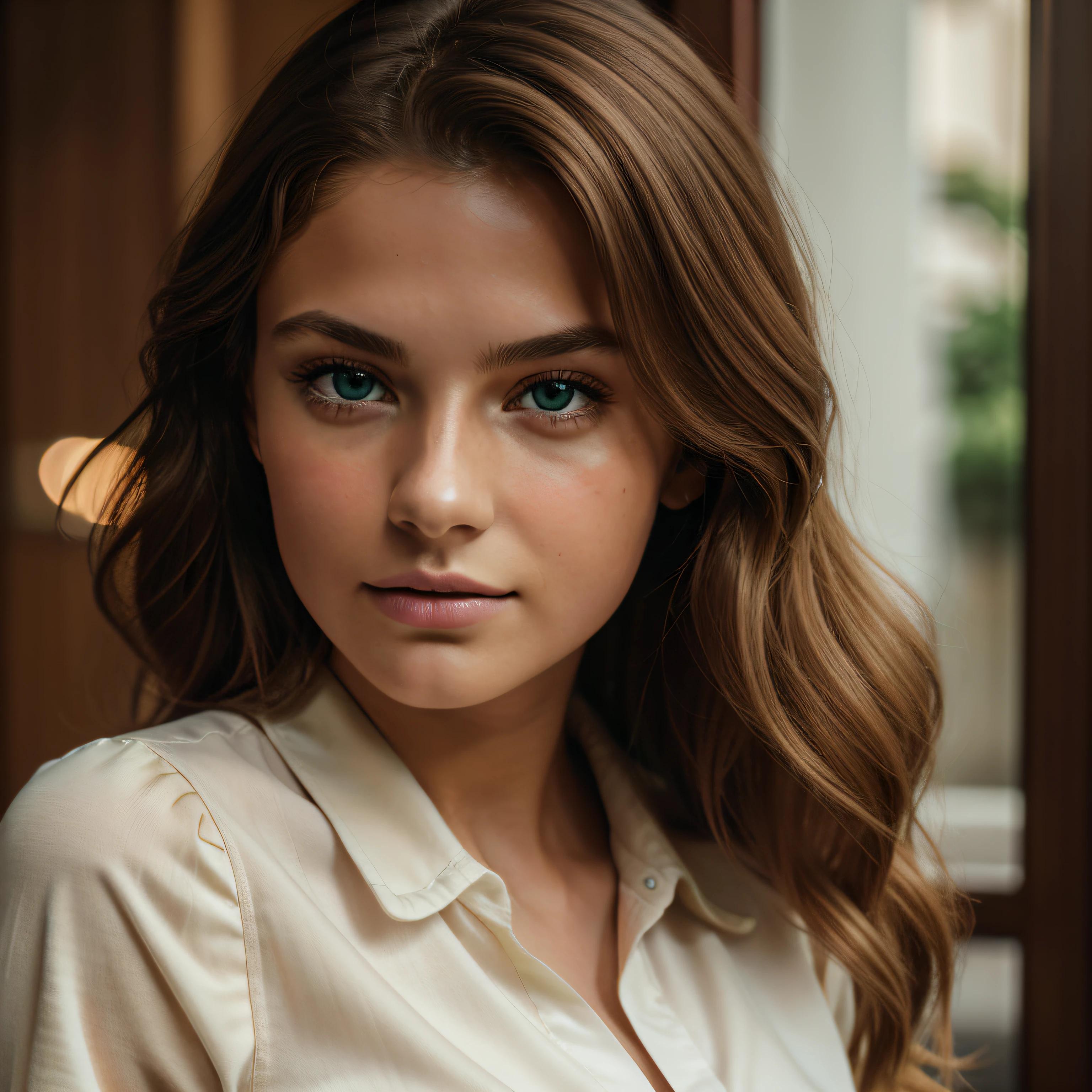 portrait of the beautiful teenage Lithuanian model, wavy brown hair with blonde highlights, deep green eyes, very tanned textured skin, puffed sleeved shirt, big lips (8k, RAW photo, best quality, masterpiece: 1.2), (realistic, photorealistic: 1.37), ultra detailed, (high detail skin: 1.2), 8k uhd, DSLR, soft lighting, high quality, film grain, Fujifilm XT3, Professional lighting, very detailed, ultra sharp focus Sony FE 55mm f/1.8 ZA, Moviecam Compact MK2