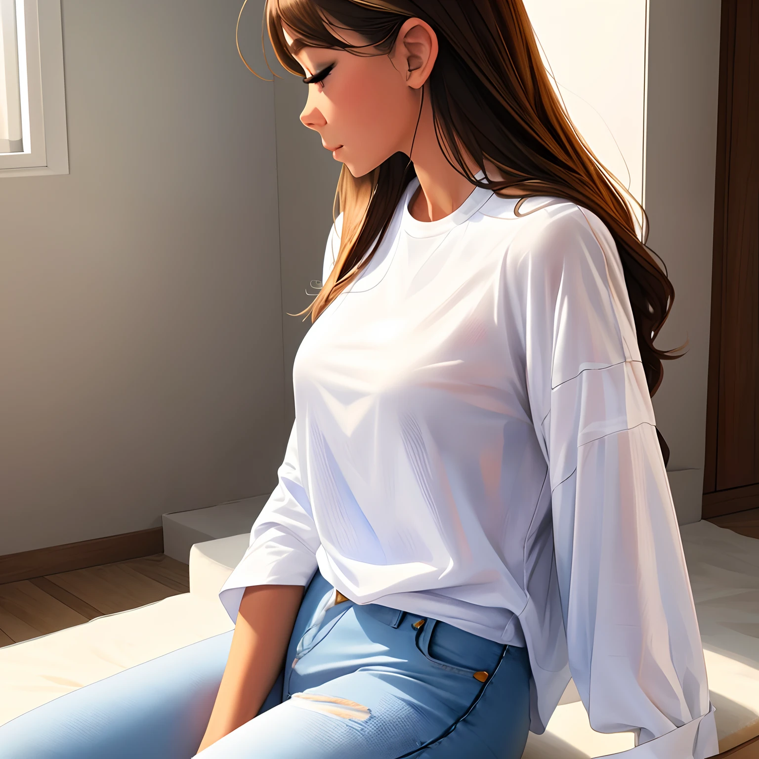 a close up of a woman wearing a white shirt and jeans