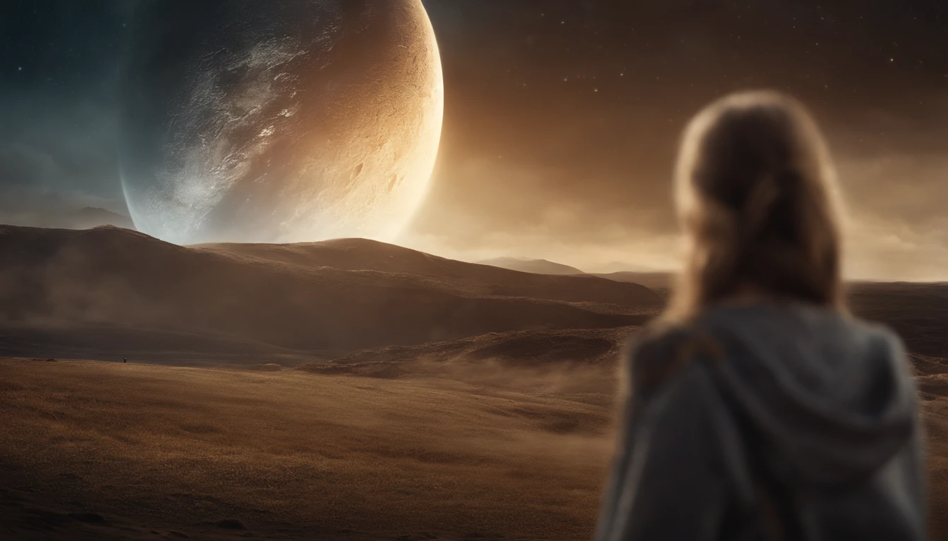 create a amazing realistic and cinematic poster, on the poster is a girl standing and looking in the distance to a comet that is about to hit a already destroyed earth
