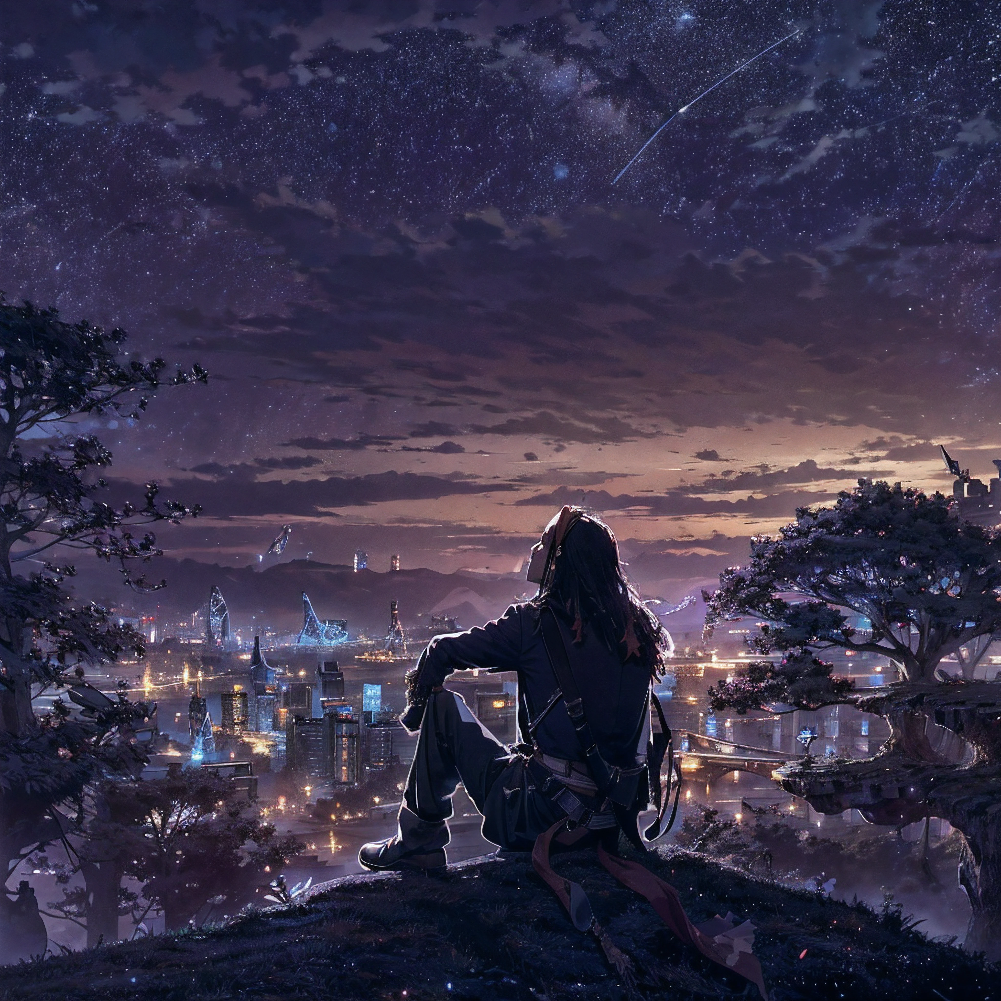 octans, sky, star (sky), scenery, starry sky, night, Capitan Jack Sparrow, night sky, solo, outdoors, building, cloud, milky way, sitting, tree, long hair, city, silhouette, cityscape