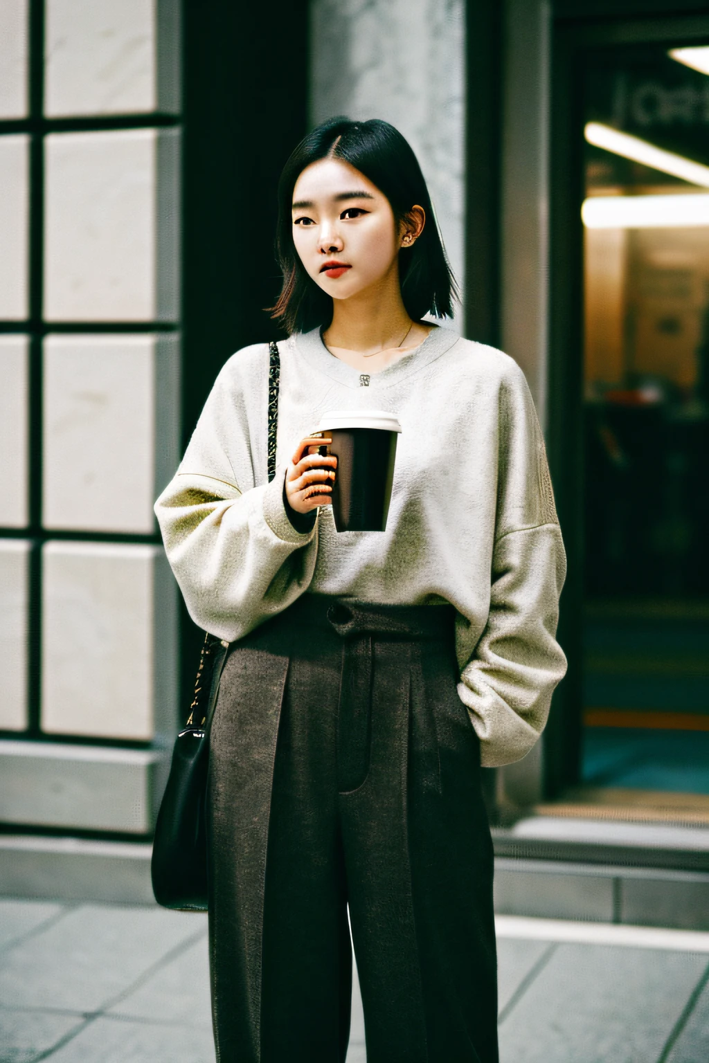 Korea's Urban Fashion, Young Korean Woman, Fashionable, Coffee in hand, Metropolis around, ultradetail, hyper realisitc