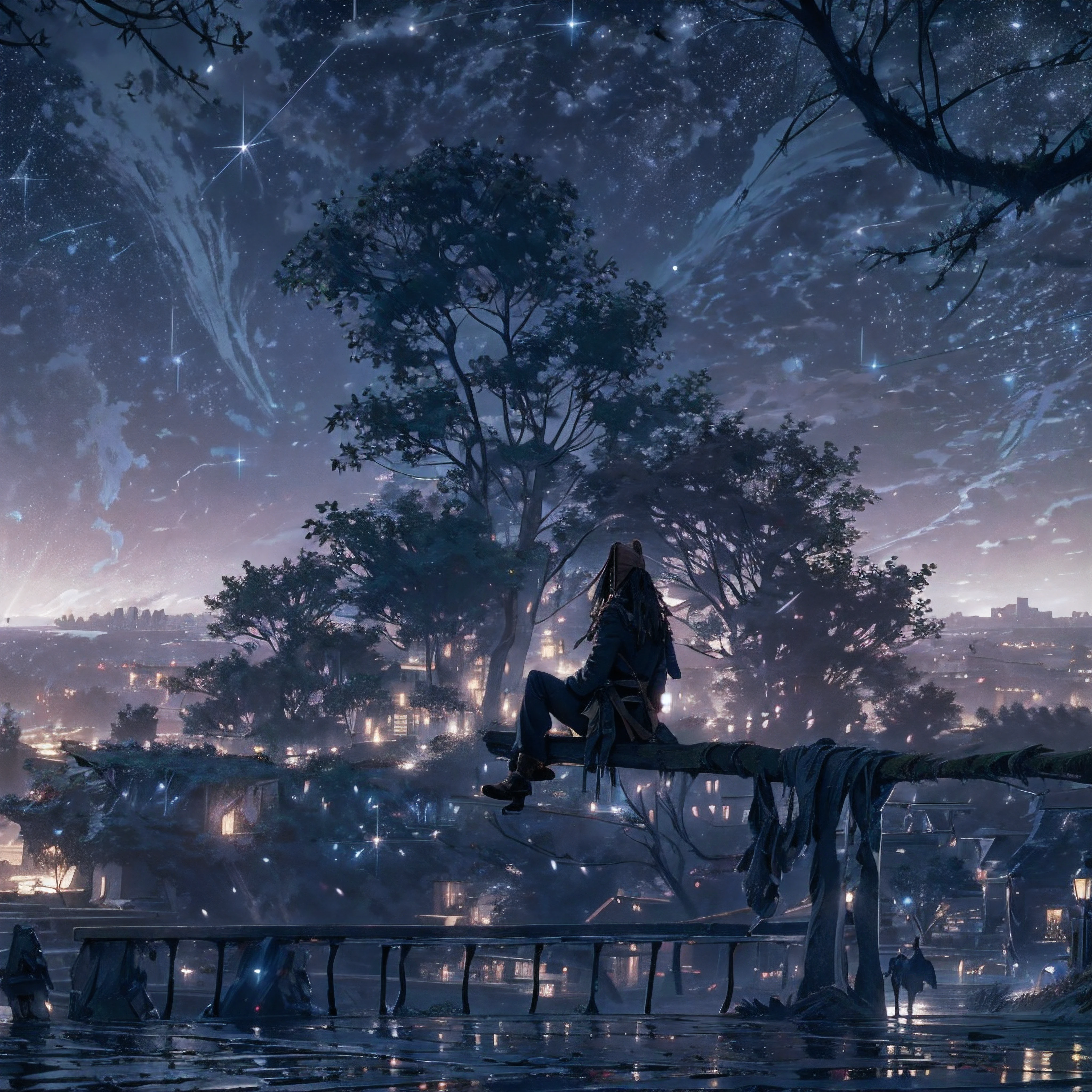 octans, sky, star (sky), scenery, starry sky, night, Capitan Jack Sparrow, night sky, solo, outdoors, building, cloud, milky way, sitting, tree, long hair, city, silhouette, cityscape