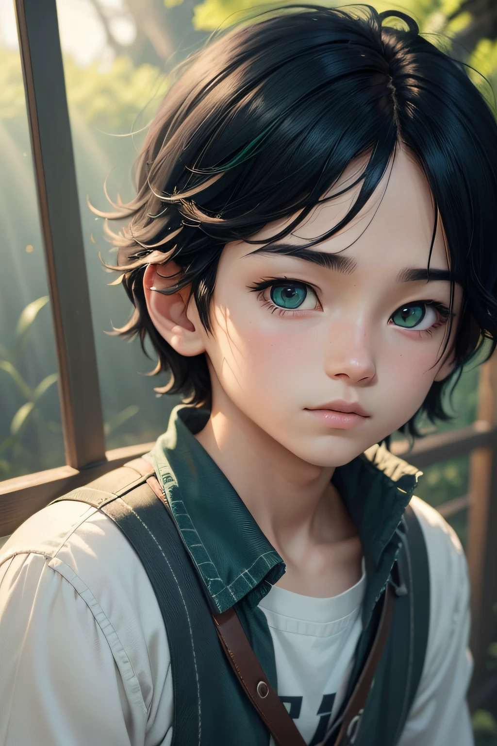 a boy anime style, Ghibli-like colors, film grain, image fill, god rays, jpeg artifacts, UHD, anatomically correct, high details, best quality, highres, high quality, retina, textured skin, award-winning, 1080P, HD, 4K, 8k, 16k, super detail, accurate, masterpiece, lovely face black hair with green and blue streaks