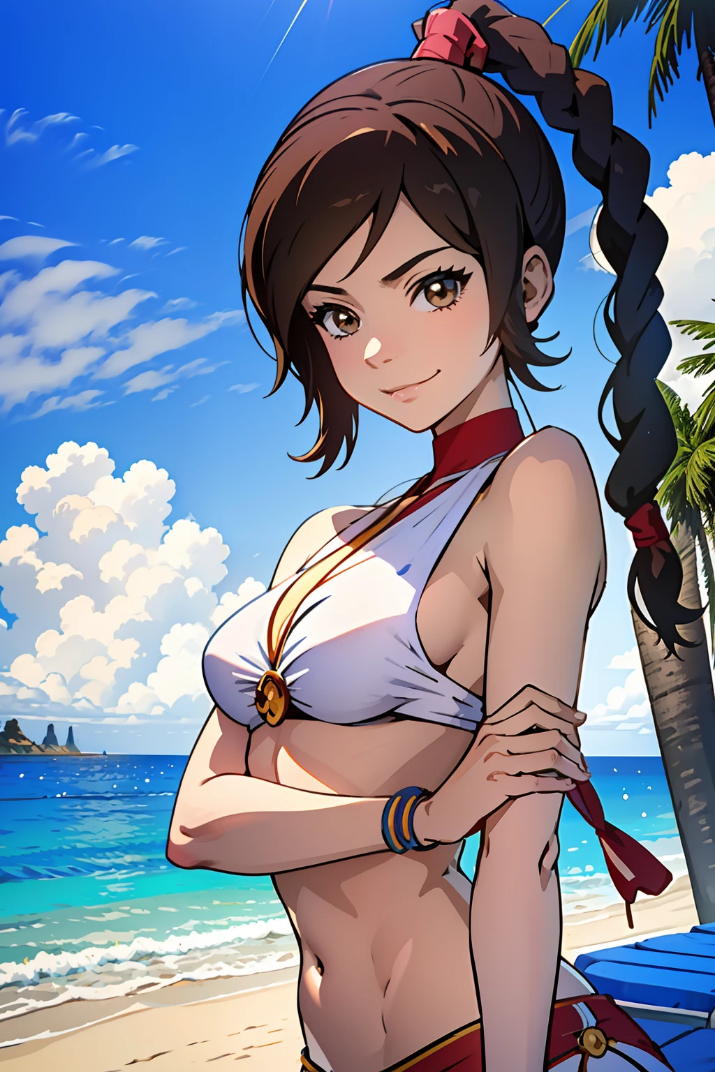 Anime, high definition, masterpiece, ((ultra detailed background, best quality, beautiful face)), beautiful lighting, TyLee, 1girl, solo, brown hair, braid, smile, long hair, brown eyes, navel, midriff, braided ponytail, swimsuit, bikini, small breasts, bare shoulders, ((complex detailed background, beach, sand, ocean, outside, palm tree, sunbed, blue sky)),