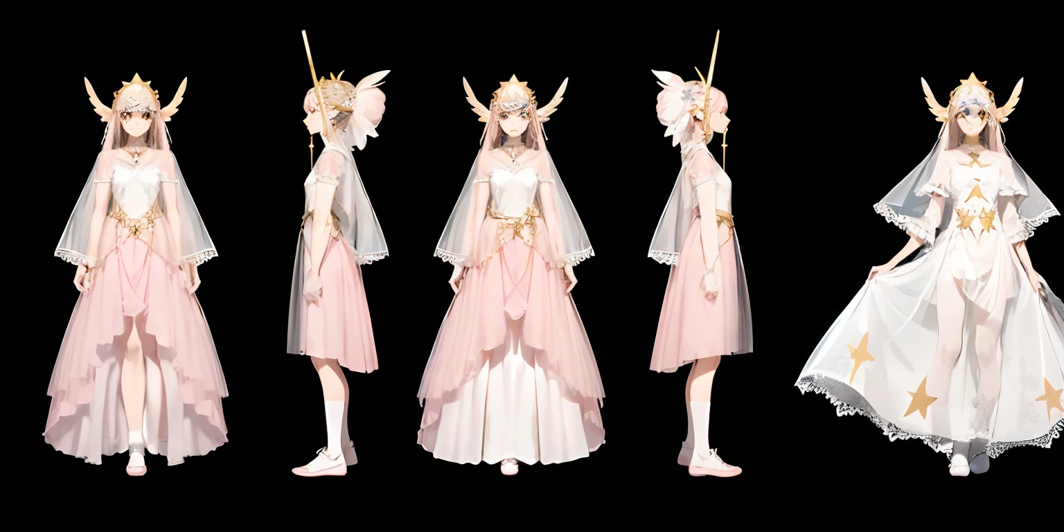A 17-year-old girl, Super long, Flowing black hair. • Soft facial features，There was a hint of mystery and confusion in his eyes。。。。。. Wearing a (Light pink:1.3) and light white dresses, Blend subtle gold or silver details. The dress combines elements of a pleated skirt and a flat skirt: The central part of the dress is flat, Although there are slight folds on the sides. She has ((Light pink:1.3) Mary Jane shoes) collocation (White lace-trimmed socks)). Slightly tightened puff sleeves，This reflects her calm and reserved nature. A simple belt is tied around the waist, Holding a few small magic weapons in his hand. (semi transparent, tulle shawl:1.3) Simple star-shaped earrings. Her medieval dress was embroidered with magic symbols or runes. • Despite her magic, Her overall appearance exudes a sense of understated elegance and gentleness.