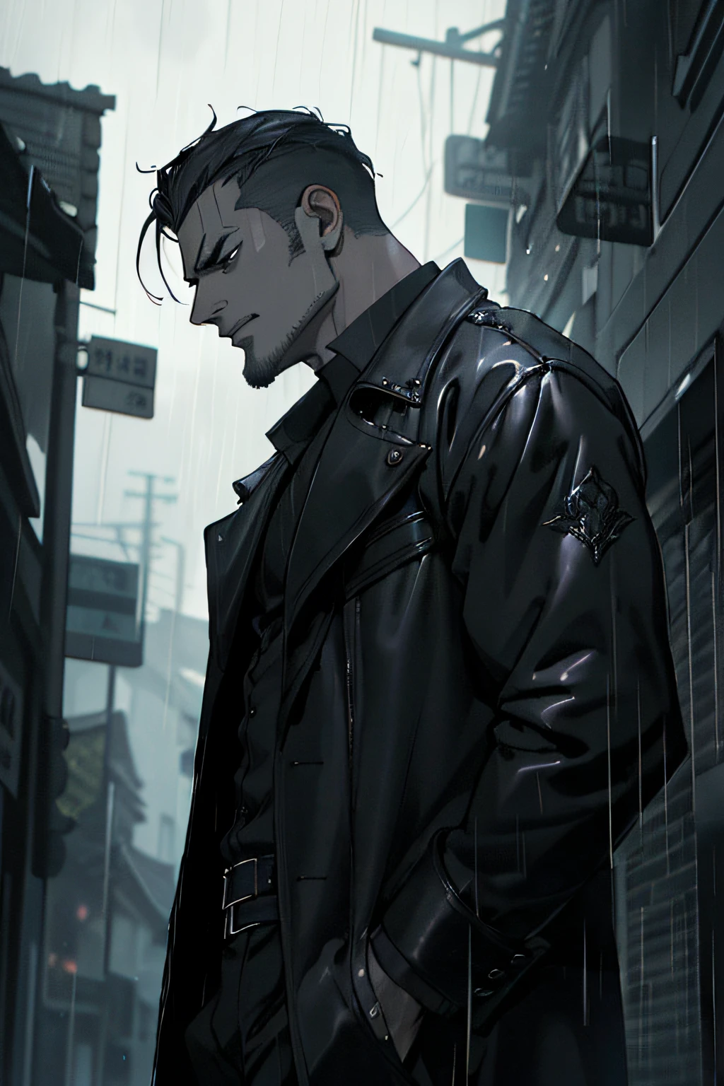 evil salesman wearing expensive dark clothes badass pose enigmatic expression, manhwa style, dark, vilan ,16k, Best quality, (soft colors: 1.2, dark studio, rim lighting, two-tone lighting, dim light, low tone, ), ((heavy rain weather)), long leather raincoat, (noir atmosphere:1), dark atmosphere, city night street, emphasis on noir colors, Intricate, dramatic, High Detail, high details, high quality, in DUBU art style