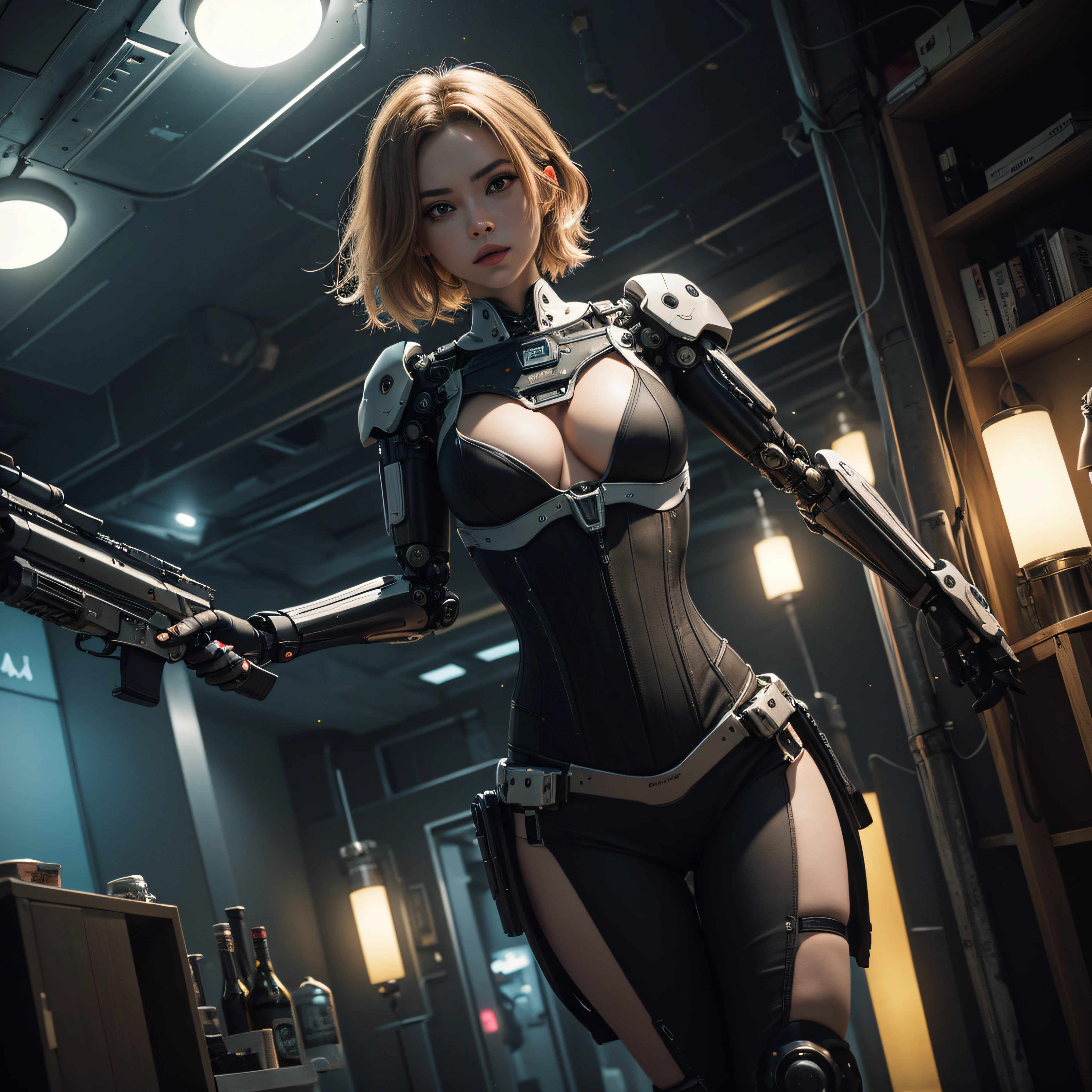 ((calidad superior)), ((obra maestra)), ((realista)), (Los detalles), (fotorrealista:1.5), Science-Fiction, HDR, Trazado de rayos, NVIDIA RTX, Los ultra-Highres, Irreal 5, Sub-Surface Scatterring, PBR texturizado, Post-procesamiento, Anisotropic filtering, Profundidad de campos, maximum sharpness and sharpness, Regla de los tercios、8K RAW、(Luminescent Particles:1.4)、(super-detailed CG、Unidad 8k Fondos de pantalla、lighting like a movie、destello de lente、foco nítido. Girl with yellow corset, Robotic Parts, Cannon fire, guerra urbana, Armas, pistola, Arte cyberpunk、arquitectura cyberpunk