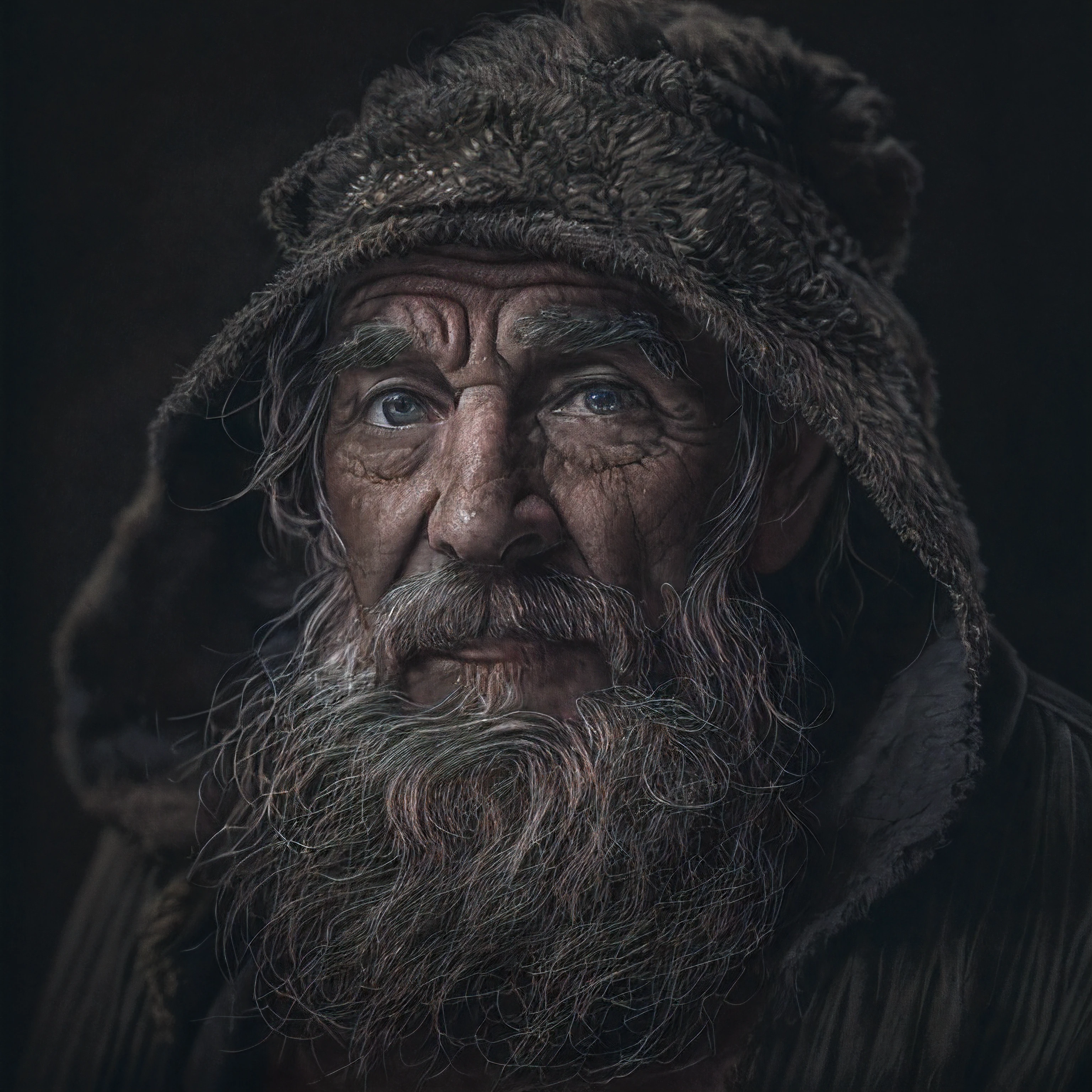 A portrait of a wizard, bearded, wrinkled, weathered, with piercing eyes, detailed face, high details, photography, dark studio, rim light, Nikon D850, 50mm, f/1.4