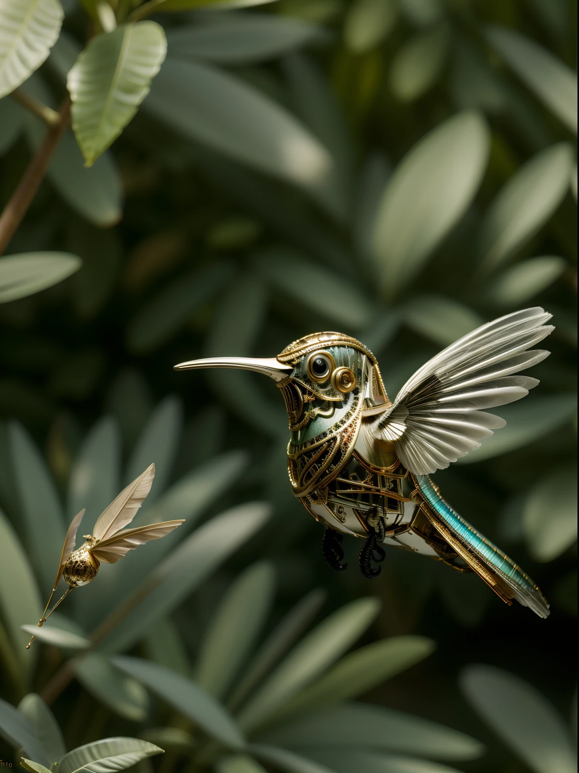 A delicate, bio-mechanical hummingbird with intricately designed, intertwining metal and feather components, sipping nectar from a vibrant flower in a lush garden. mechanical bird, mindwarp, elemental, atmospheric, luminescent particles in the air, [mischief], [magic], [iridescence], meticulous, intricate, intimate, nuanced, film grain, vibrant, ray-traced caustics, subsurface scattering, soft lighting, masterpiece, masterwork, top quality, best quality, highest quality, highest fidelity, highest resolution, highres, highest detail, highly detailed, hyper-detailed, detail enhancement, deeply detailed, awe inspiring, breathtaking, super-resolution, megapixel, UHD, HDR, FHD, 8k, 16k, 32k, 64k, high dynamic range, insanely detailed, beautifully color graded, post processing, post production, dynamic tone mapping, volumetric, ultra-detailed, super detailed.