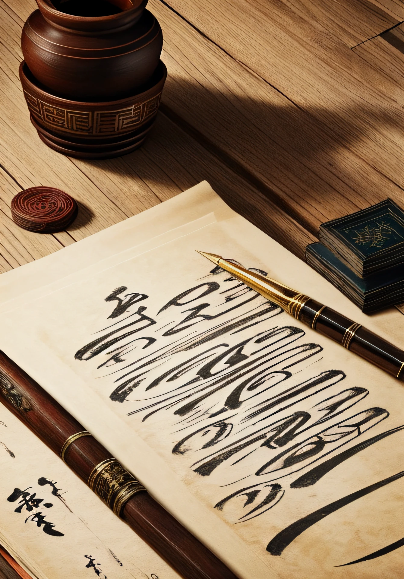 a close up of a pen and some old writing on a table, old manuscripts and scrolls, discarded scrolls, ancient writing, scrolls, calligraphy, old scroll, chinese text, writings, chinese brush pen, traditional chinese, japanese calligraphy, chinese heritage, intricate writing, inspired by Ma Shi, caligraphy, old script, chinese art, chinese, calligraphic poetry, intricate, elegant, best quality, 8k uhd, best resolution, beautiful, ultra detailed, creative.