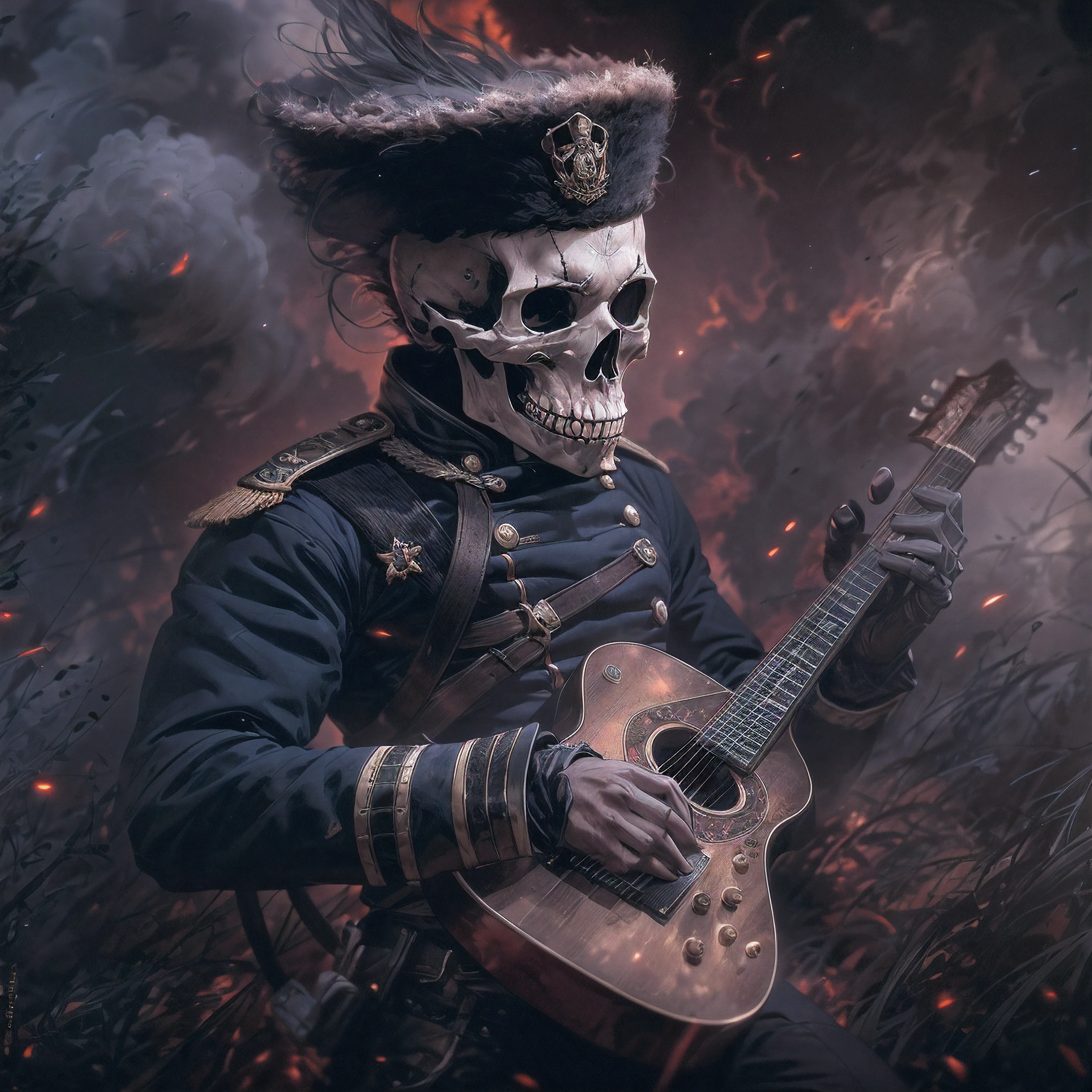 Imagine a skull in the uniform of an English soldier from the 1840s, playing a guitar, around cannons and lots of smoke and dust, very detailed image, textures, shadows, reflections, dark environment, realistic high-definition image, cinematic scene