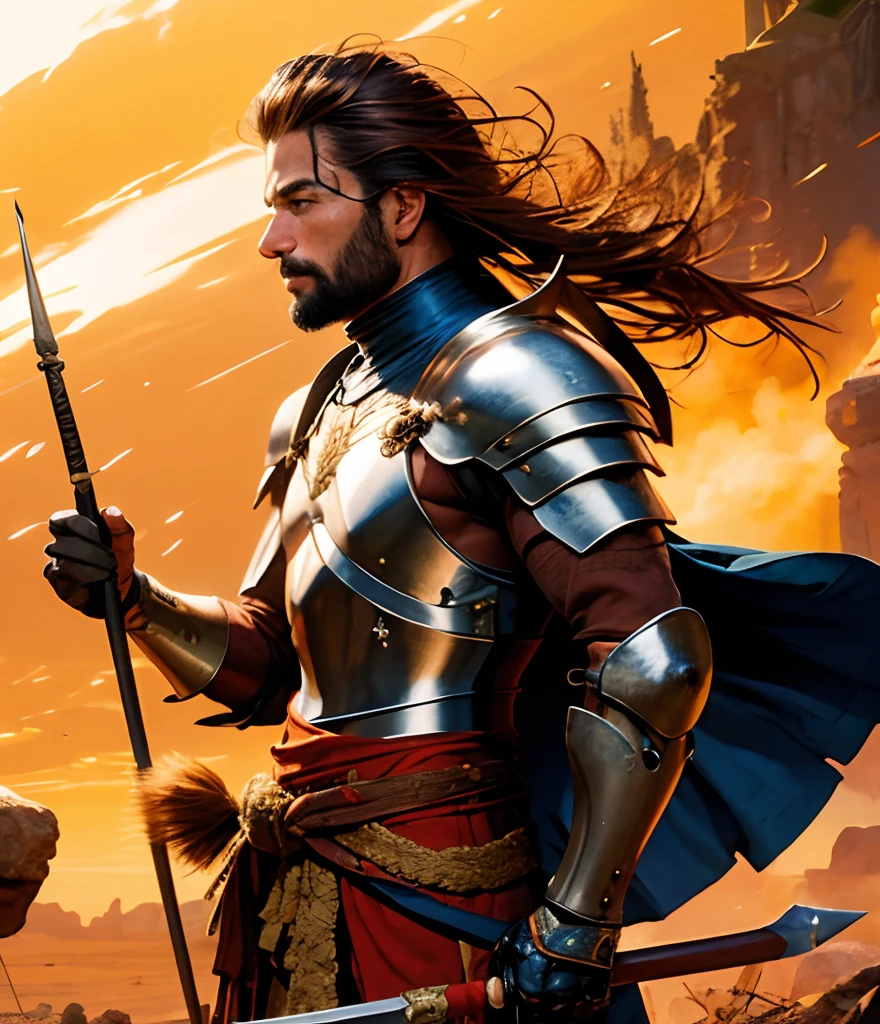 Guerreiro , Using a Long Spear , humano , cabelos castanhos , armadura de couro ,